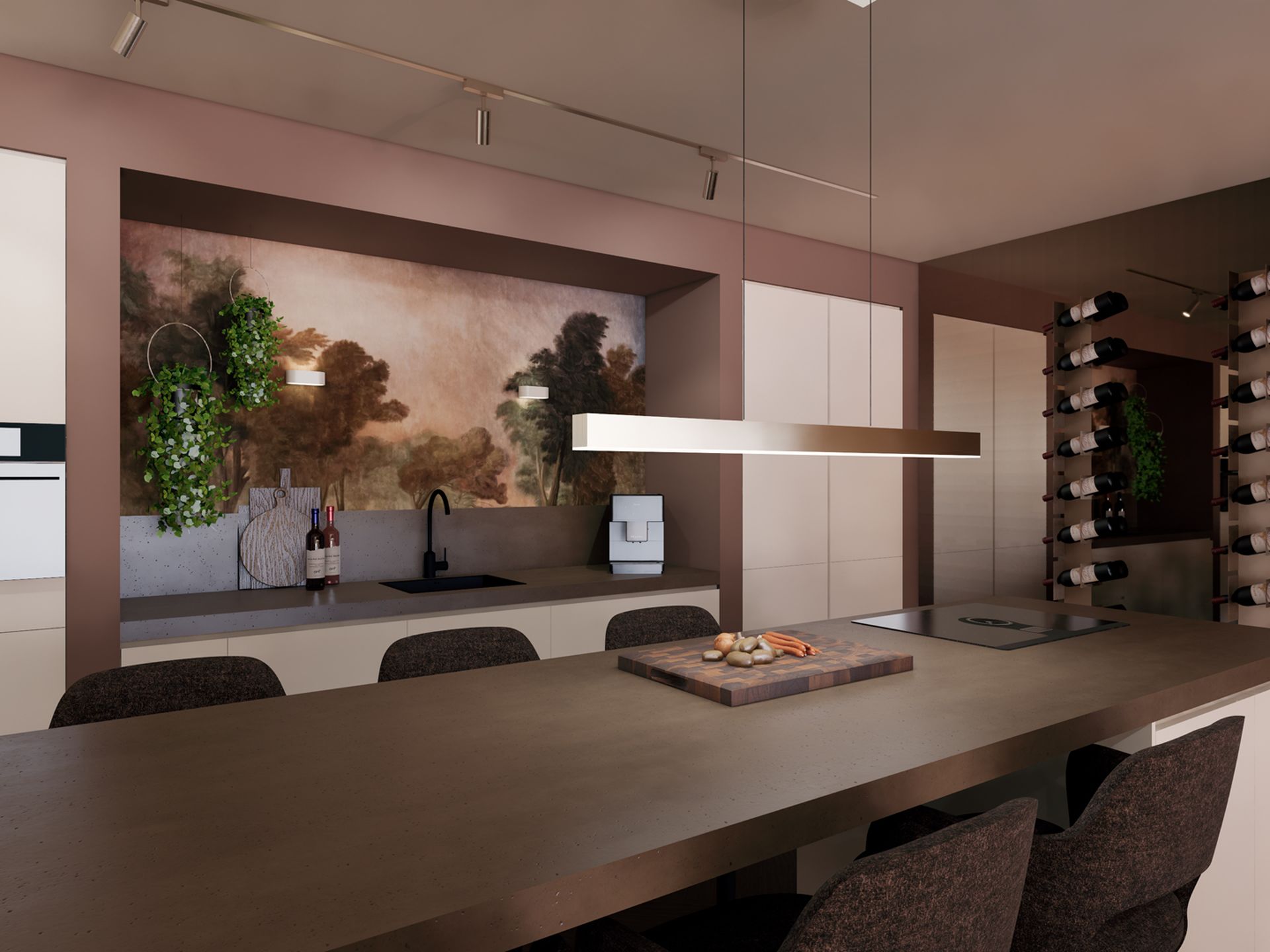 3D visualisatie van de keuken met ruim kookeiland, fotobehang, maatwerkkasten en een donkere wijnwand.