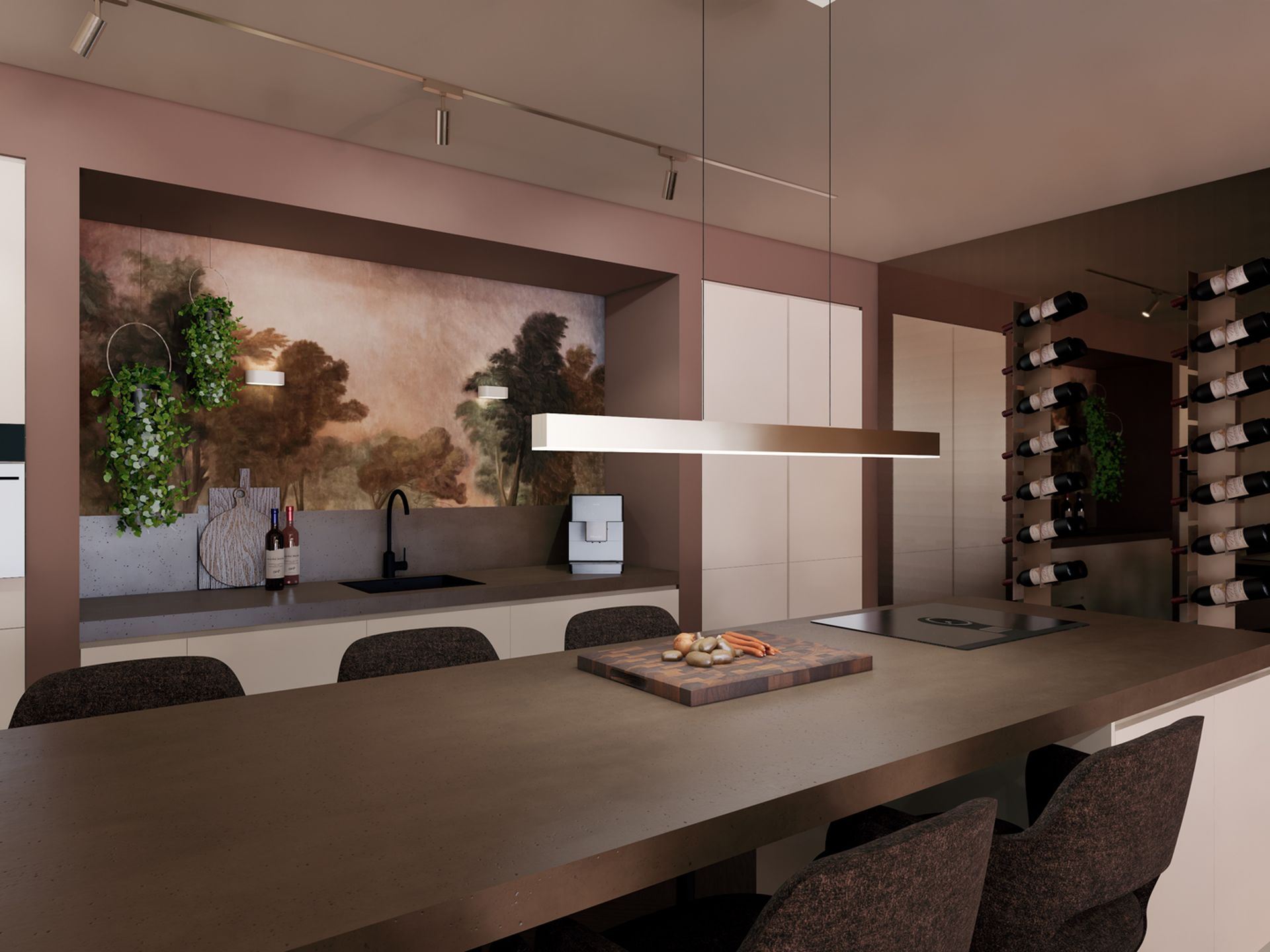 3D-visualisatie van de keuken in Appartement aan de Veerkade in Spijkenisse met kookeiland, witte maatwerkkasten, fotobehang en wijnwand.
