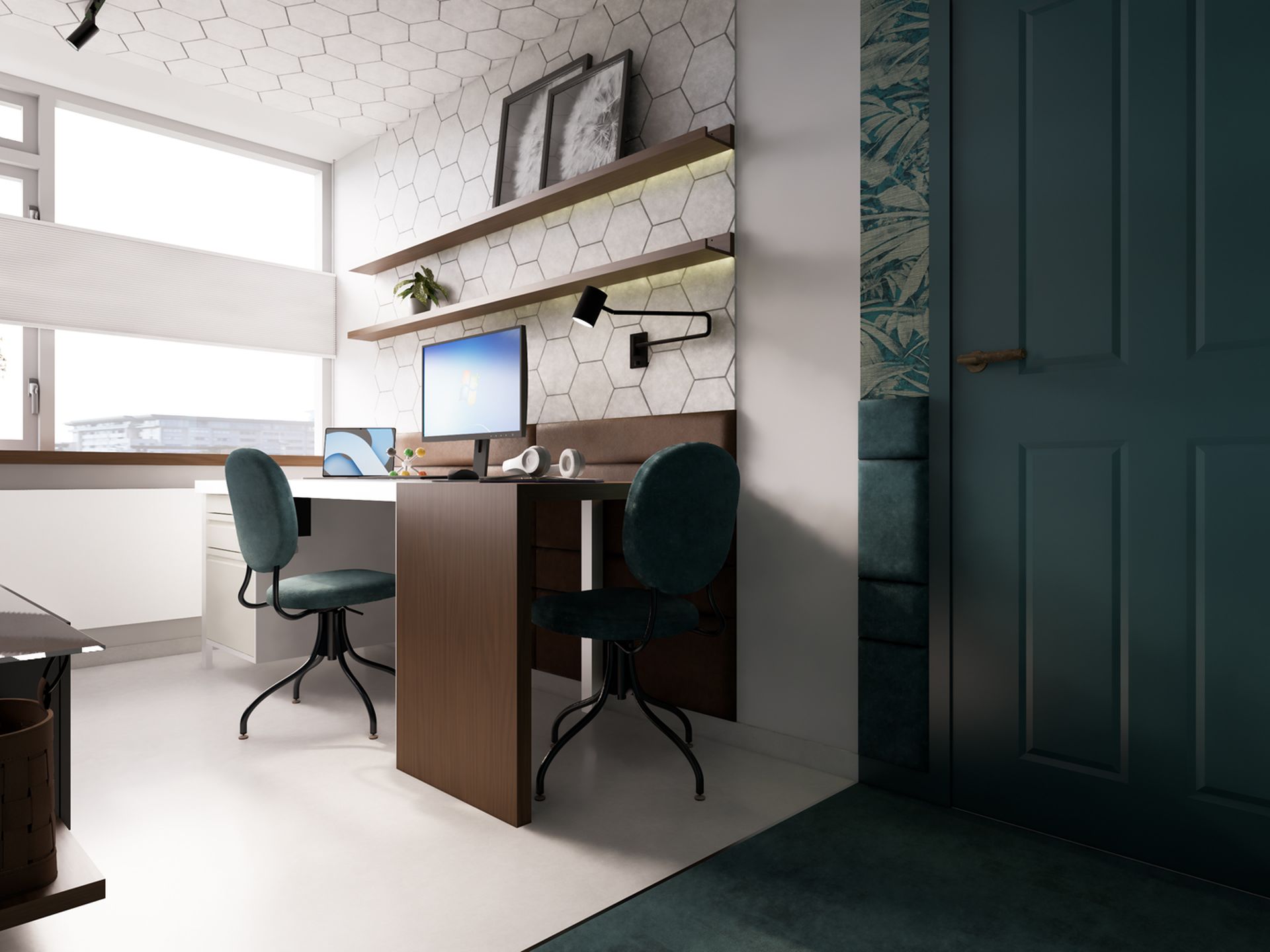 3D visualisatie van een compact thuiskantoor in Zuidland met dubbele werkplek, maatwerkplanken en een afgescheiden logeerhoek.
