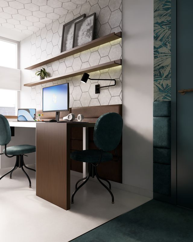 3D visualisatie van een compact thuiskantoor in Zuidland met dubbele werkplek, maatwerkplanken en een afgescheiden logeerhoek.