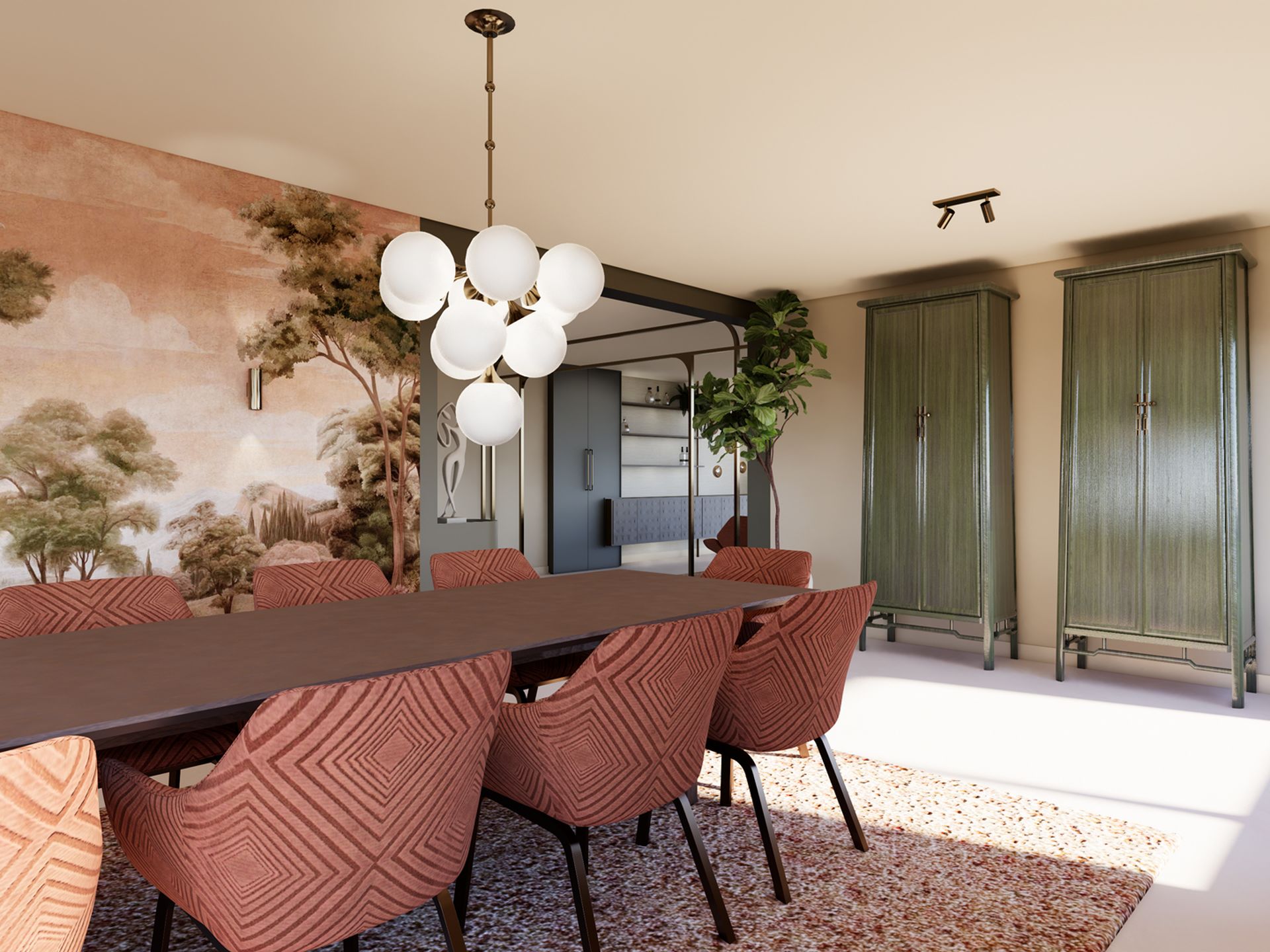 3D visualisatie van de eetkamer met lange houten tafel, roestkleurige eetkamerstoelen, groene kasten en doorkijk naar de lounge.