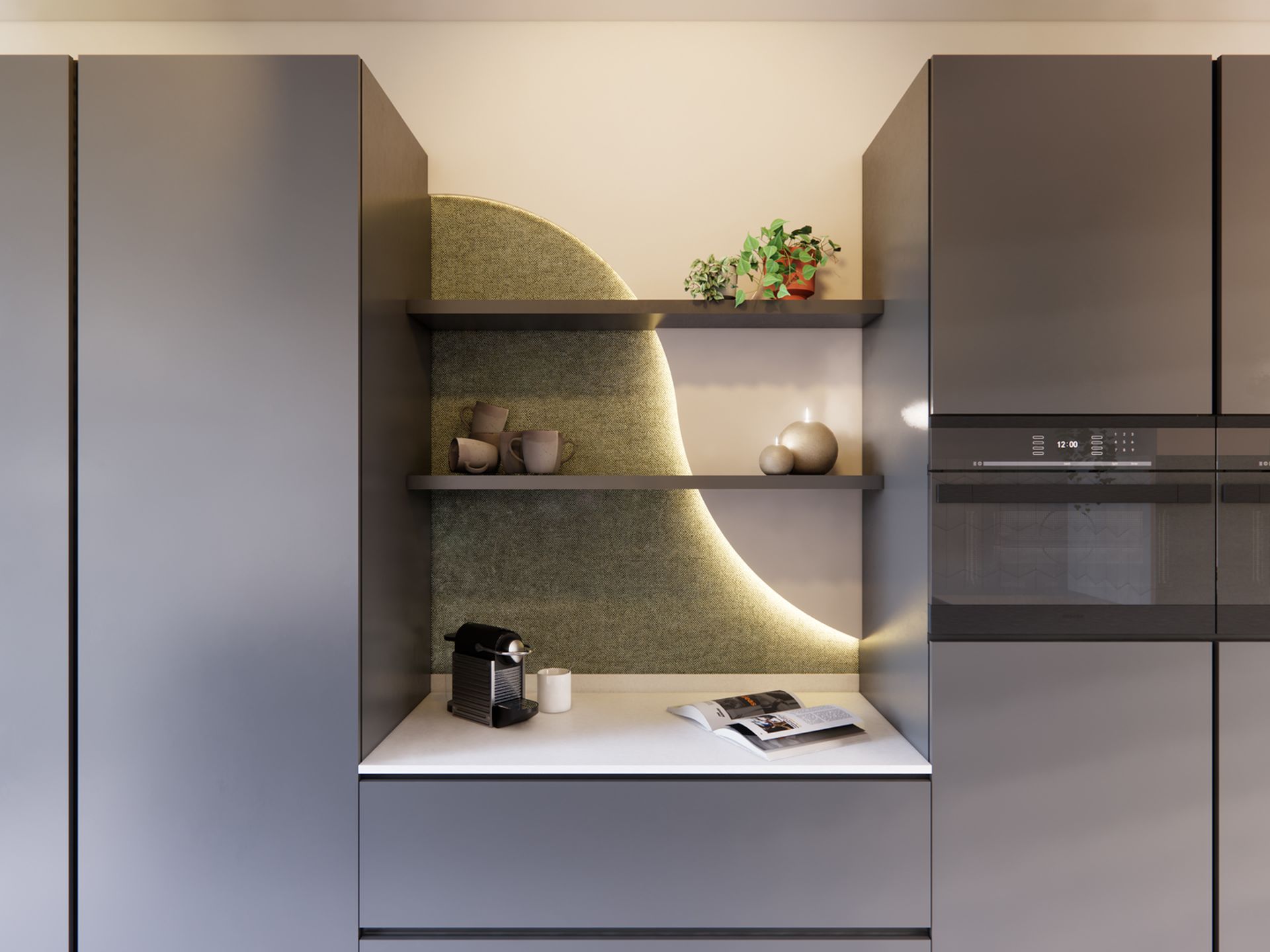 Detail van de koffienis in de keuken met open planken, koffiemachine, groene accentwand en geïntegreerde verlichting.