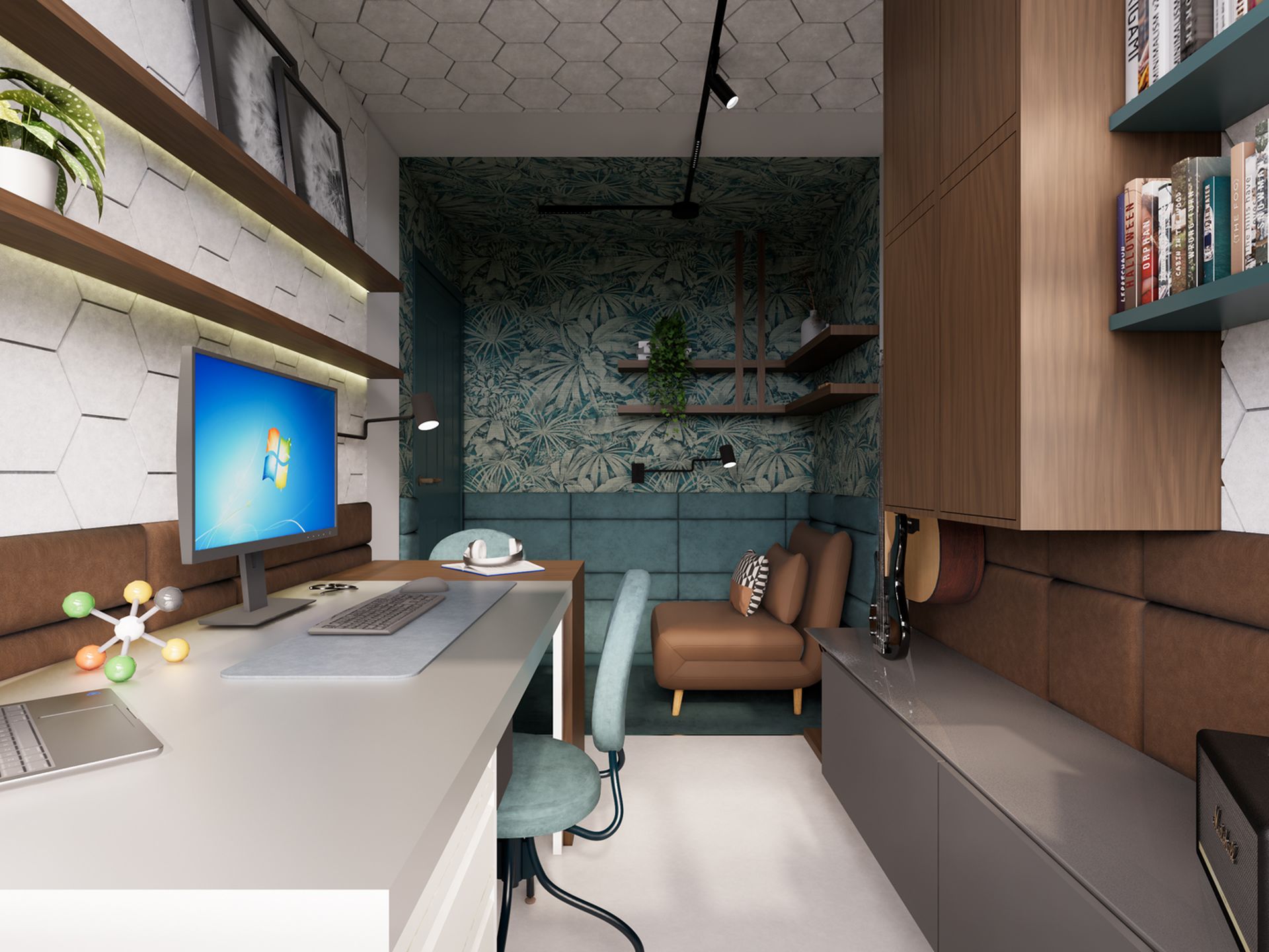 Interieurontwerp van een multifunctionele werkkamer met bureau, opbergruimte, muziekhoek en compacte slaapplaats.