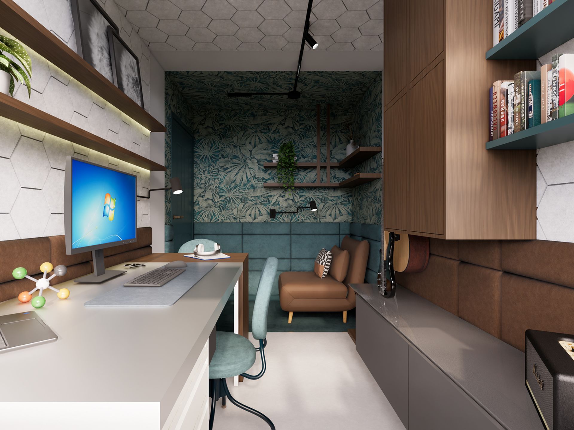 3D-visualisatie van een multifunctioneel thuiskantoor in Zuidland met dubbele werkplek, maatwerkopberging, loungehoek en muziekplek.