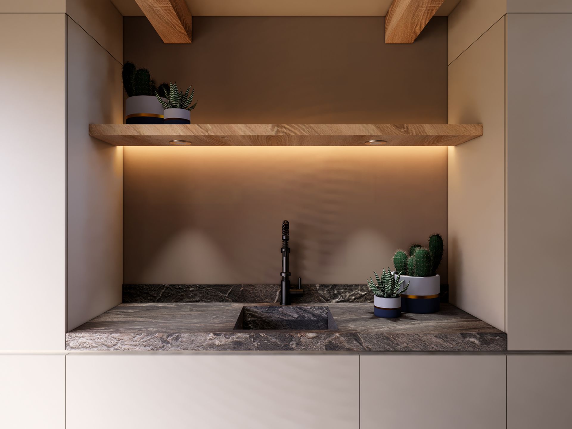 Spoelzone in een woonkeuken met natuurstenen werkblad, maatwerkkasten en verlichte houten wandplank.