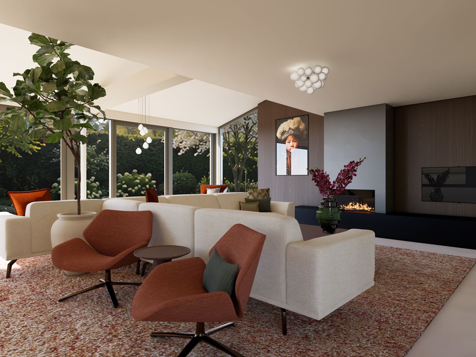 Interieurvisualisatie van de haardkamer met groot bankeneiland, roestkleurige fauteuils, houten wand en zicht op de tuin.