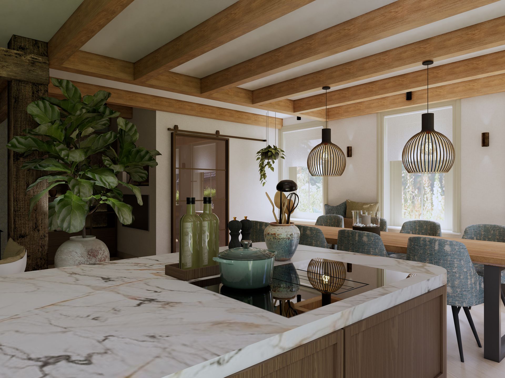 Interieurvisualisatie vanuit het kookeiland met marmerlook blad, hanglampen, eethoek en zicht richting de living.
