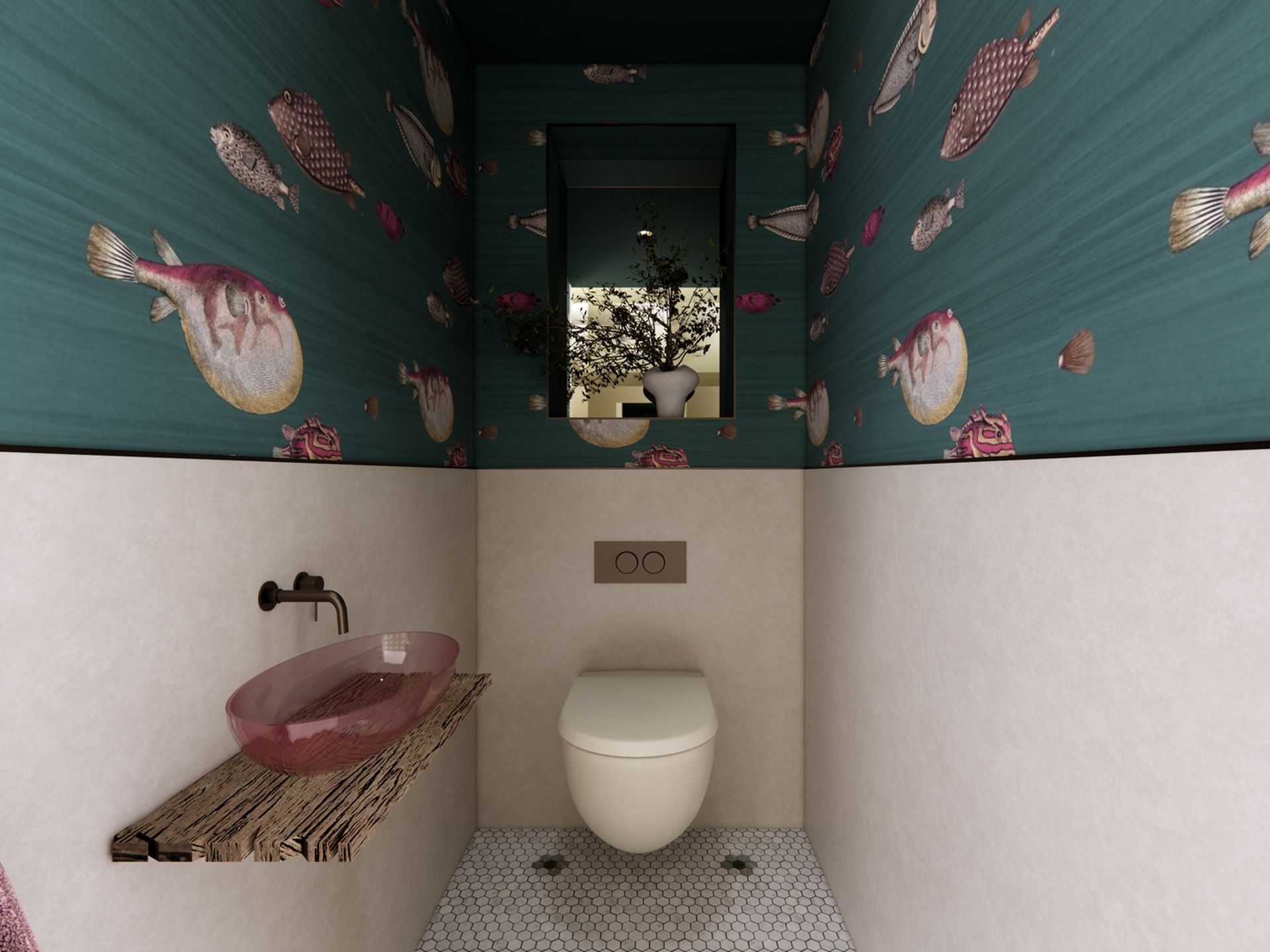 Render van het toilet met teal visbehang, roze glazen waskom, houten blad en lichte wandafwerking.