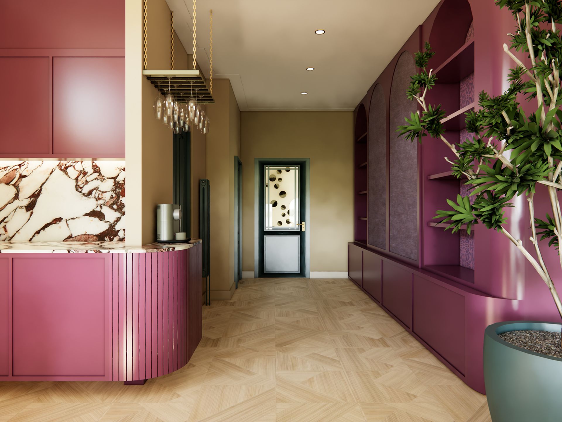 3D visualisatie van een koffiecorner met marmerlook, ronde balie, hangend glazenrek en maatwerkwand in warme kleurtonen.