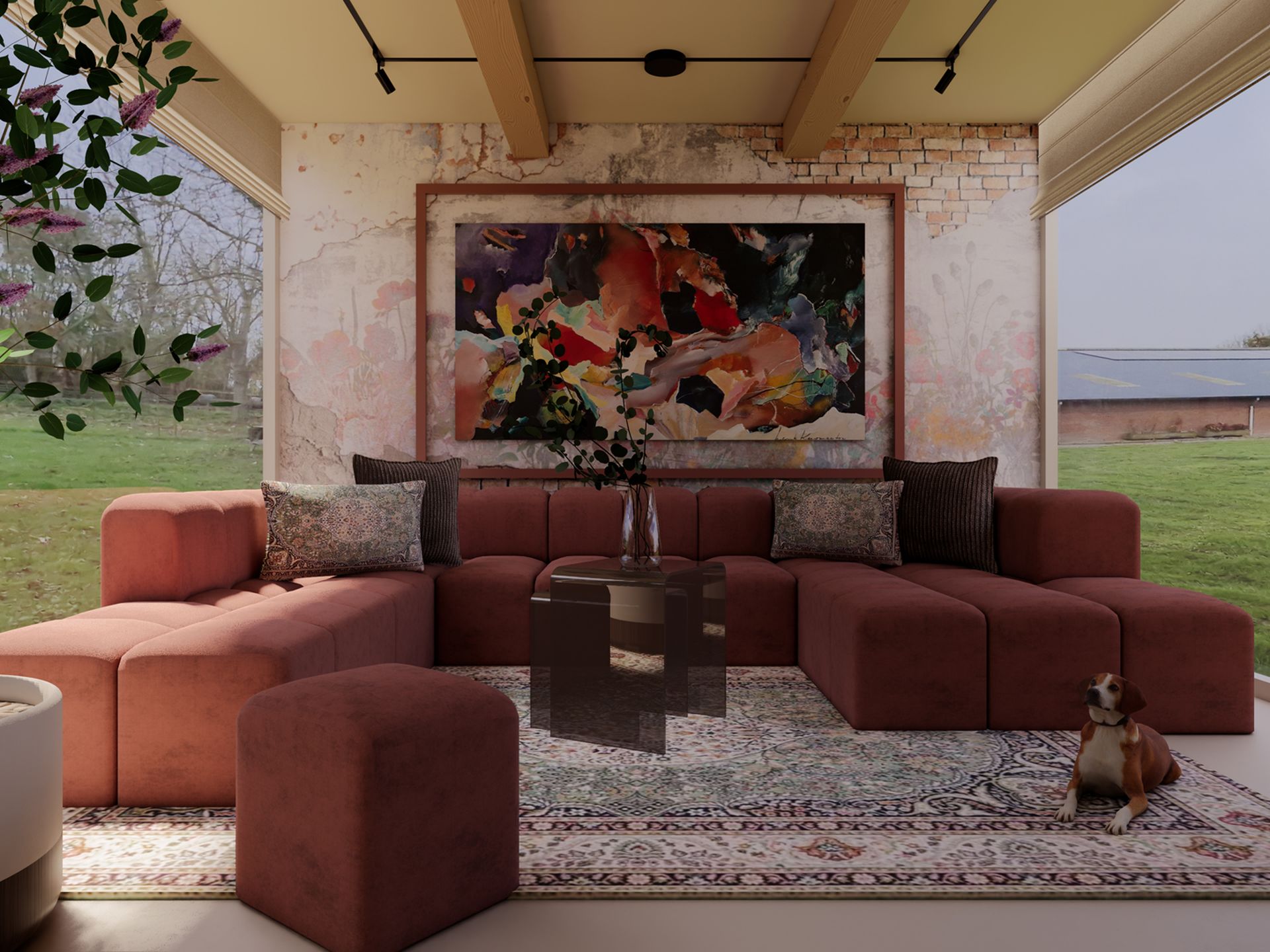 Kleurrijke serre met roze modulaire bank, groot kunstwerk, Perzisch tapijt en een hond in de zithoek.