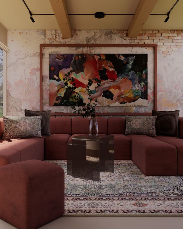 Kleurrijke serre met roze modulaire bank, groot kunstwerk, Perzisch tapijt en een hond in de zithoek.