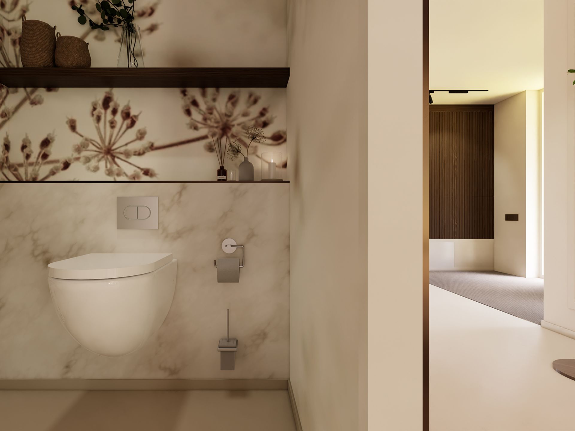 Gastentoilet met wandcloset, marmerlook, botanisch wandbeeld en donkere wandarmaturen.