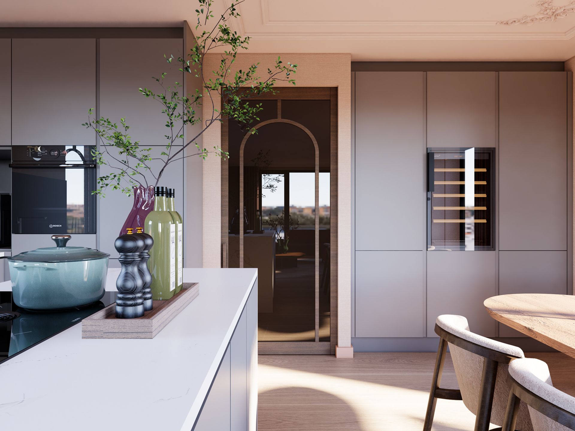 3D visualisatie van de moderne keuken met kookeiland, maatwerk en doorkijk naar de eethoek.