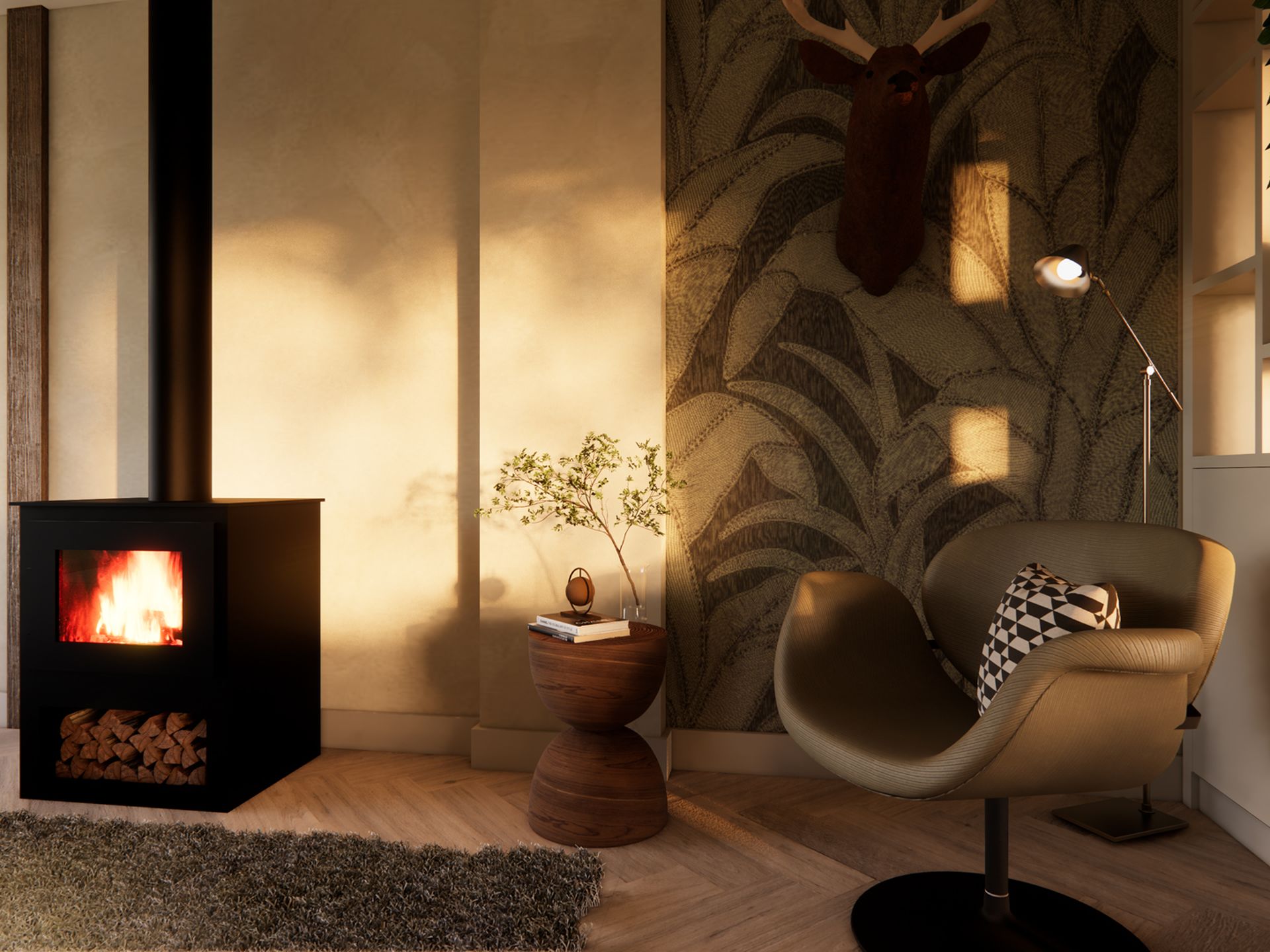 Render van een knusse haardhoek met zwarte kachel, fauteuil, dessinbehang, bijzettafel en warme lichtval.
