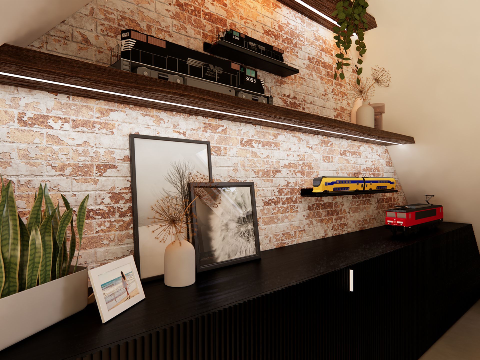 Detail van de hobbyruimte met bakstenen wand, houten planken, planten en modeltreinen.
