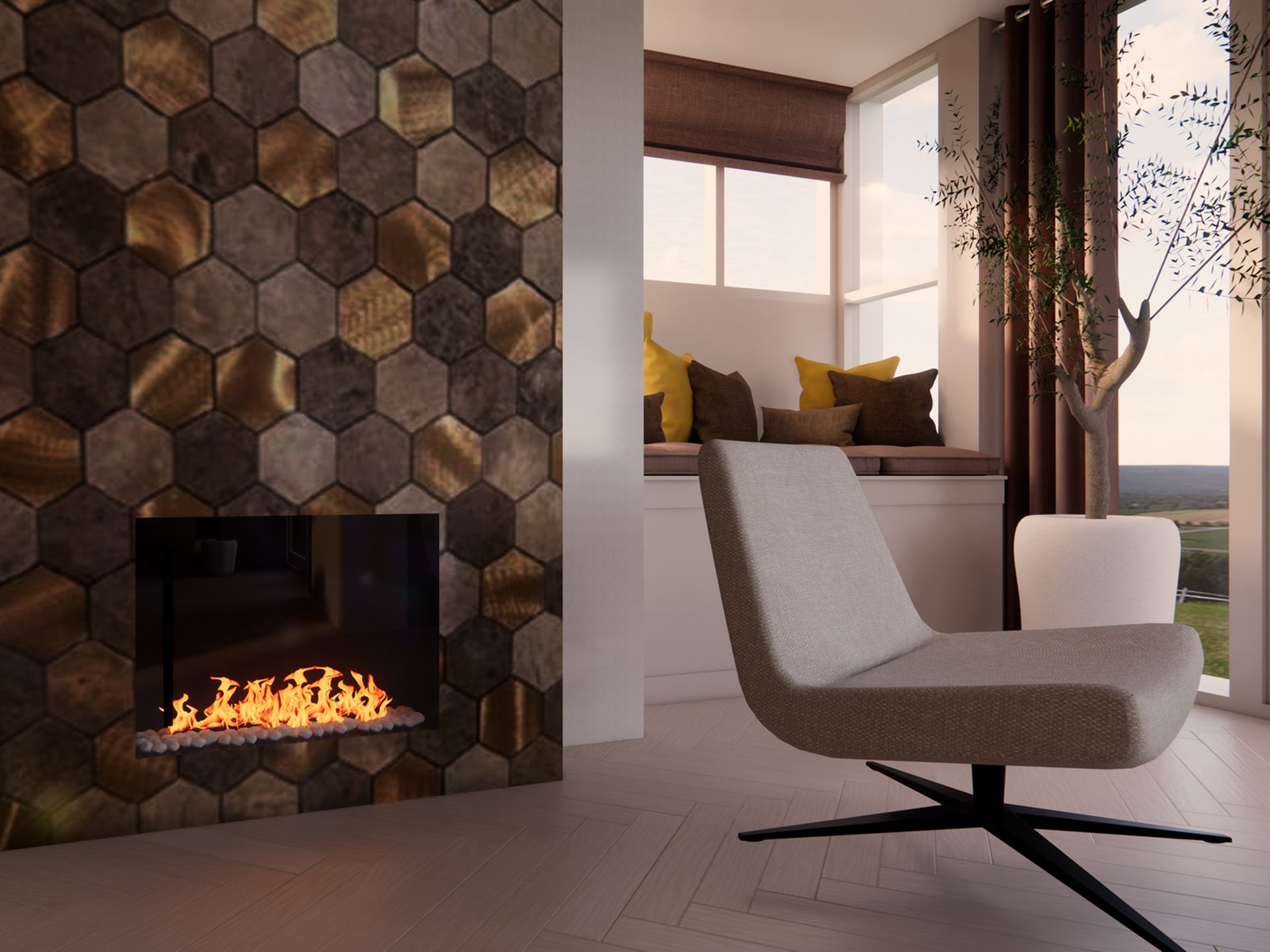Leefruimte met klassieke haard, hexagon wandafwerking, fauteuil en zitnis bij het raam.