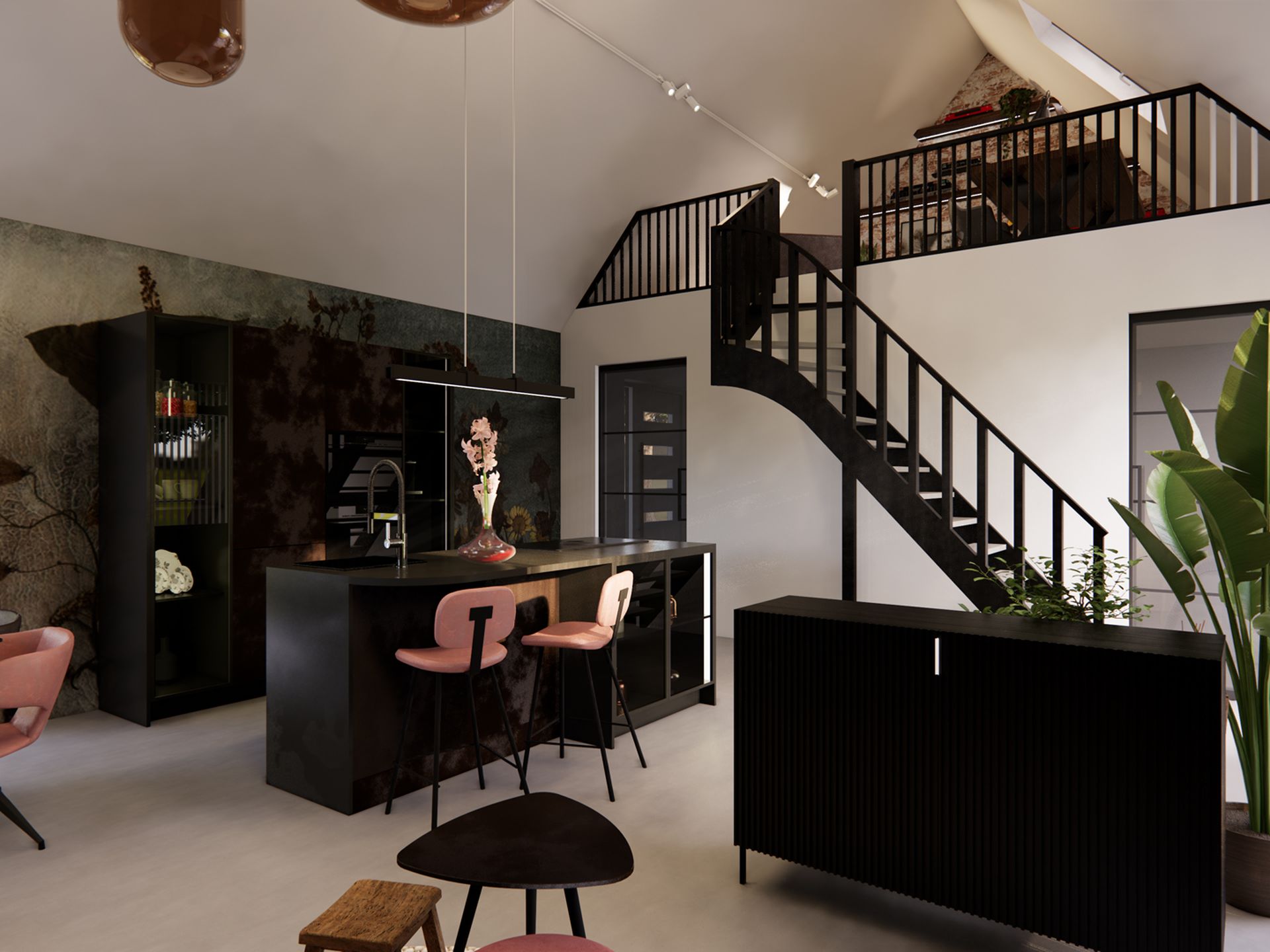 Interieurontwerp van een split-level appartement in Hekelingen met woonkeuken, eethoek, vide en hoge puntkap.