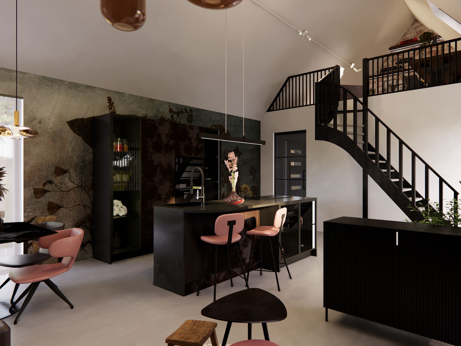 3D-visualisatie van het split-level appartement in Hekelingen met donkere woonkeuken, zwarte trap, vide en hoge puntkap.