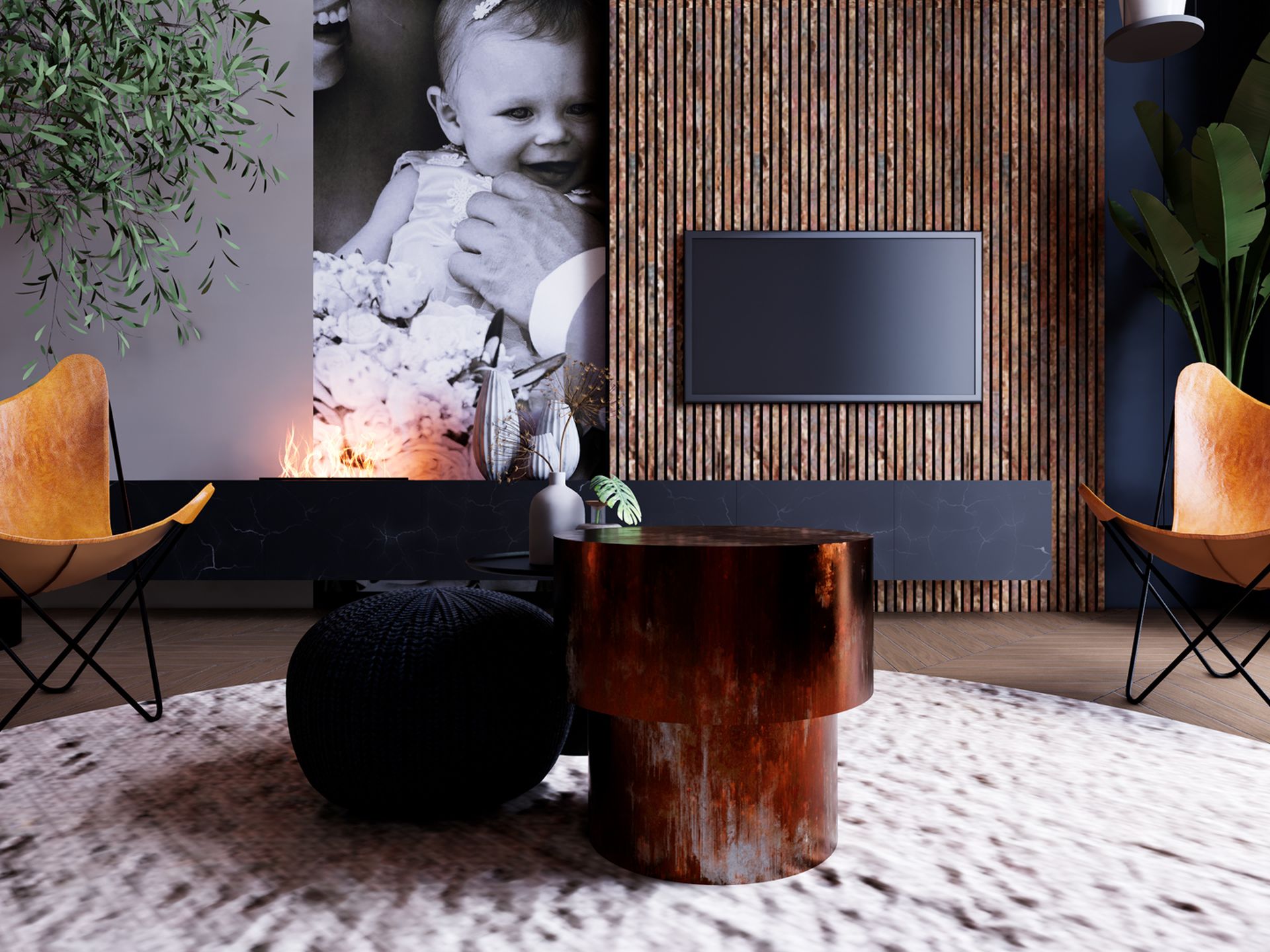 Zithoek in een split-level woonkamer met leren loungestoelen, ronde salontafels, maatwerkmeubel en haard.