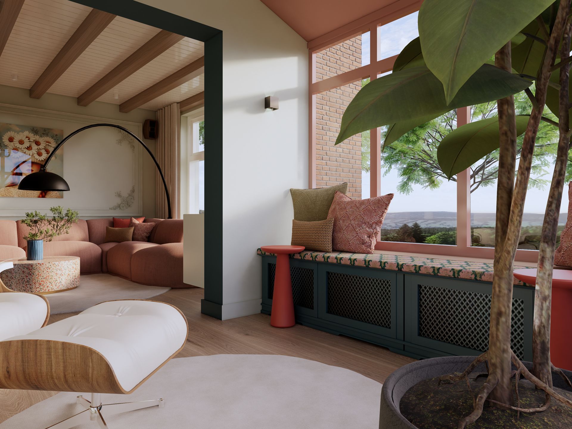 3D visualisatie vanuit de serre richting woonkamer, met raamzitbank, grote plant, loungechair en zicht op de roze bank.