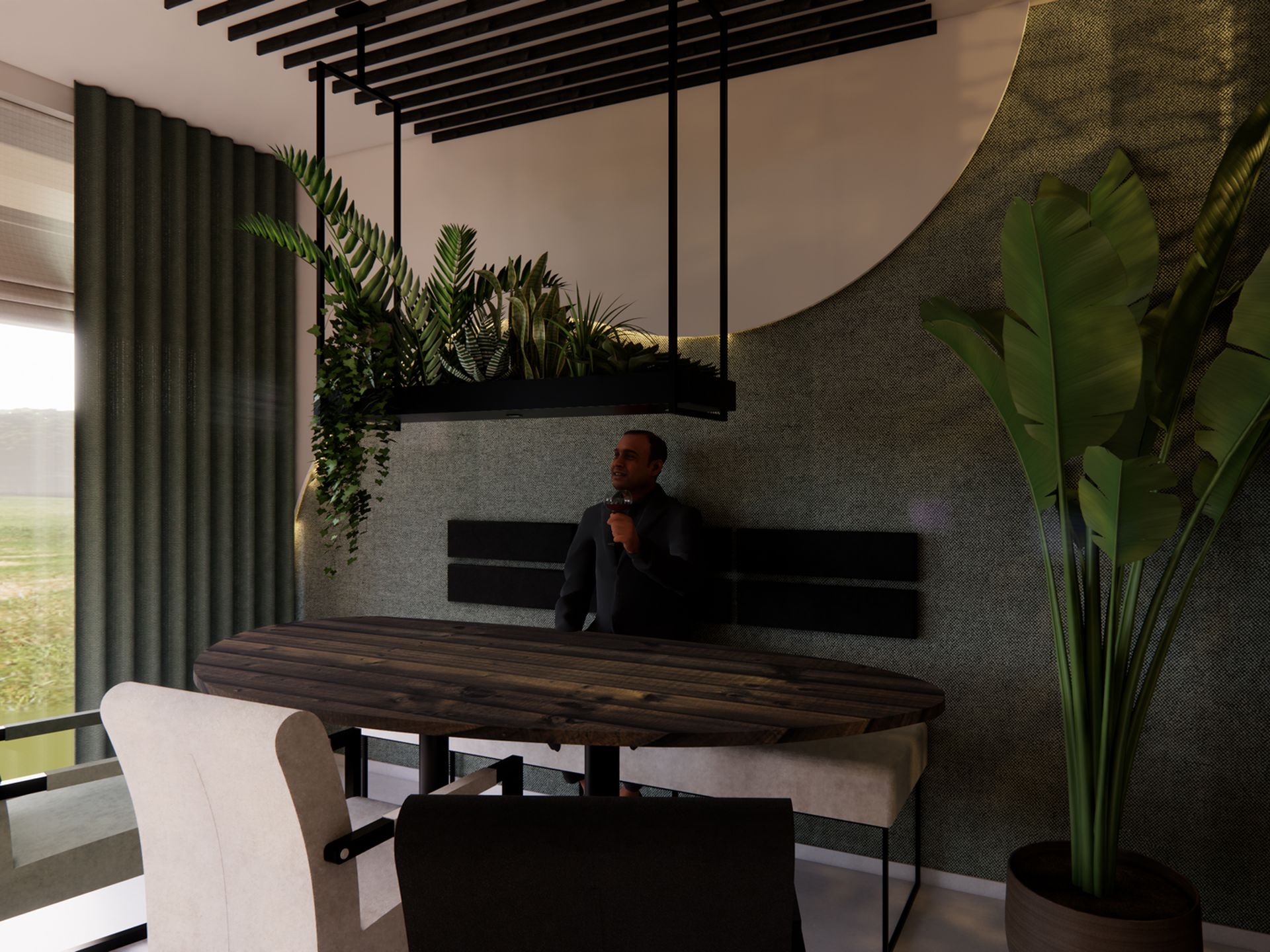 3D visualisatie van de eethoek met ronde houten tafel, groene wand, hangende plantenbak, gordijnen en grote kamerplant.