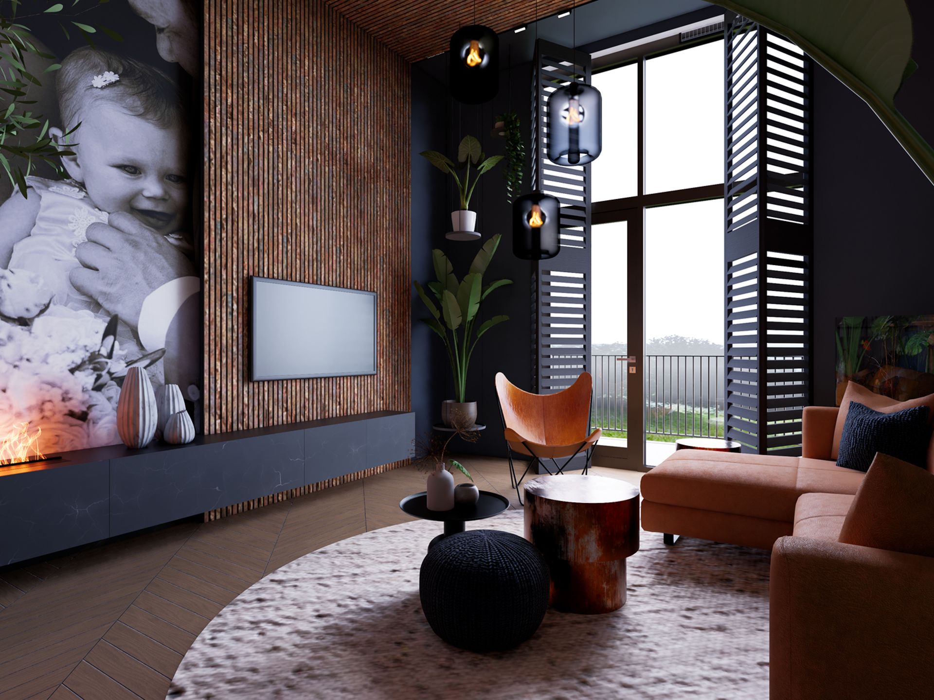 Interieurontwerp van een woonkamer met maatwerk tv-wand, geïntegreerde haard, houten panelen en een cognackleurige bank