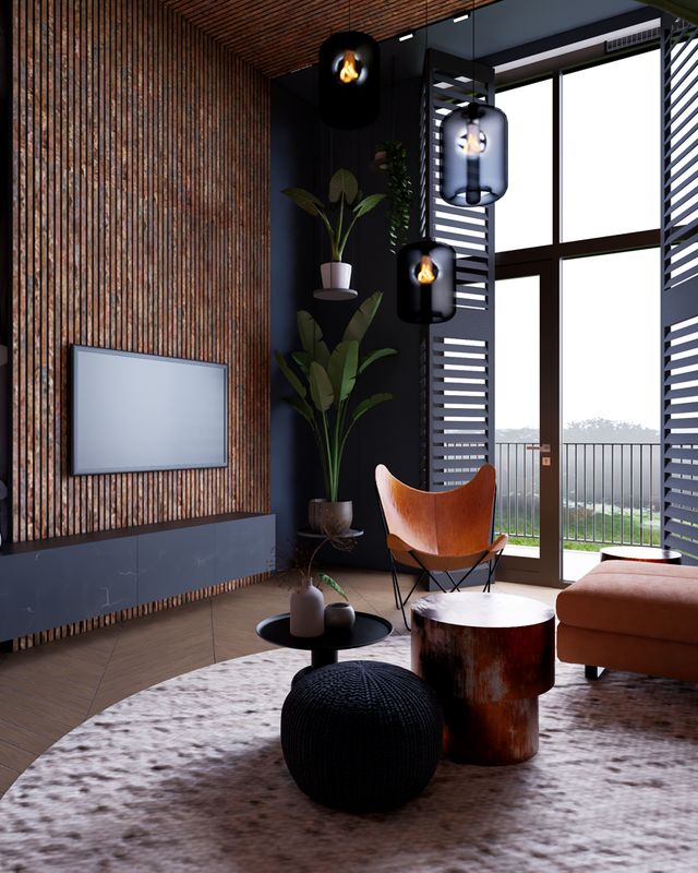 Interieurontwerp van een woonkamer met maatwerk tv-wand, geïntegreerde haard, houten panelen en een cognackleurige bank