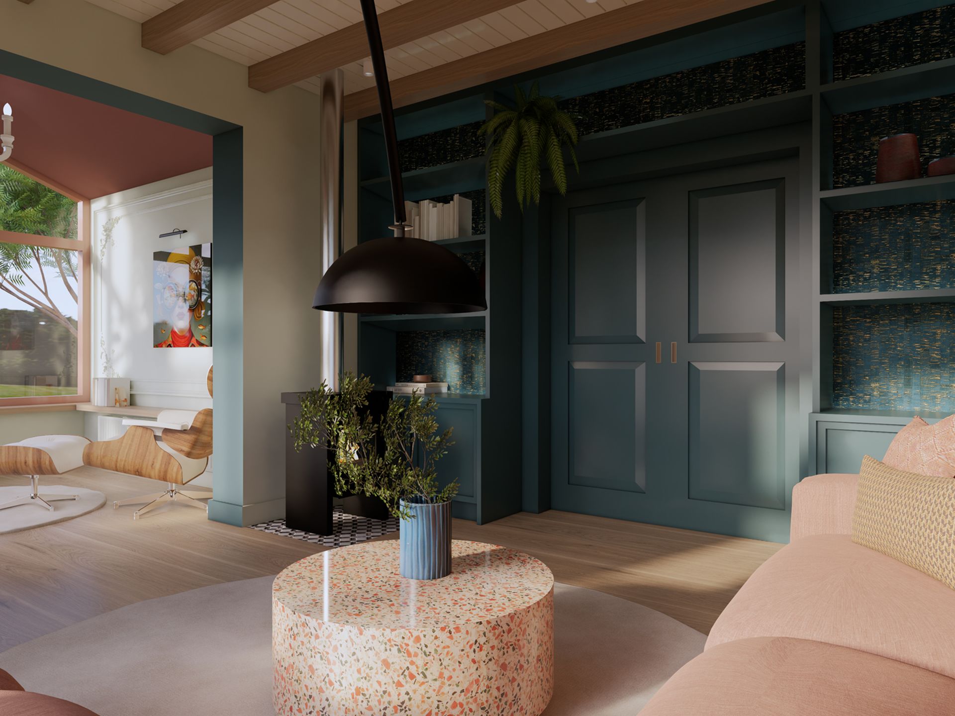 3D-render van de woonkamer in Familiehuis Hoorn met doorkijk naar de serre en een combinatie van petrol, terra-roze en hout.