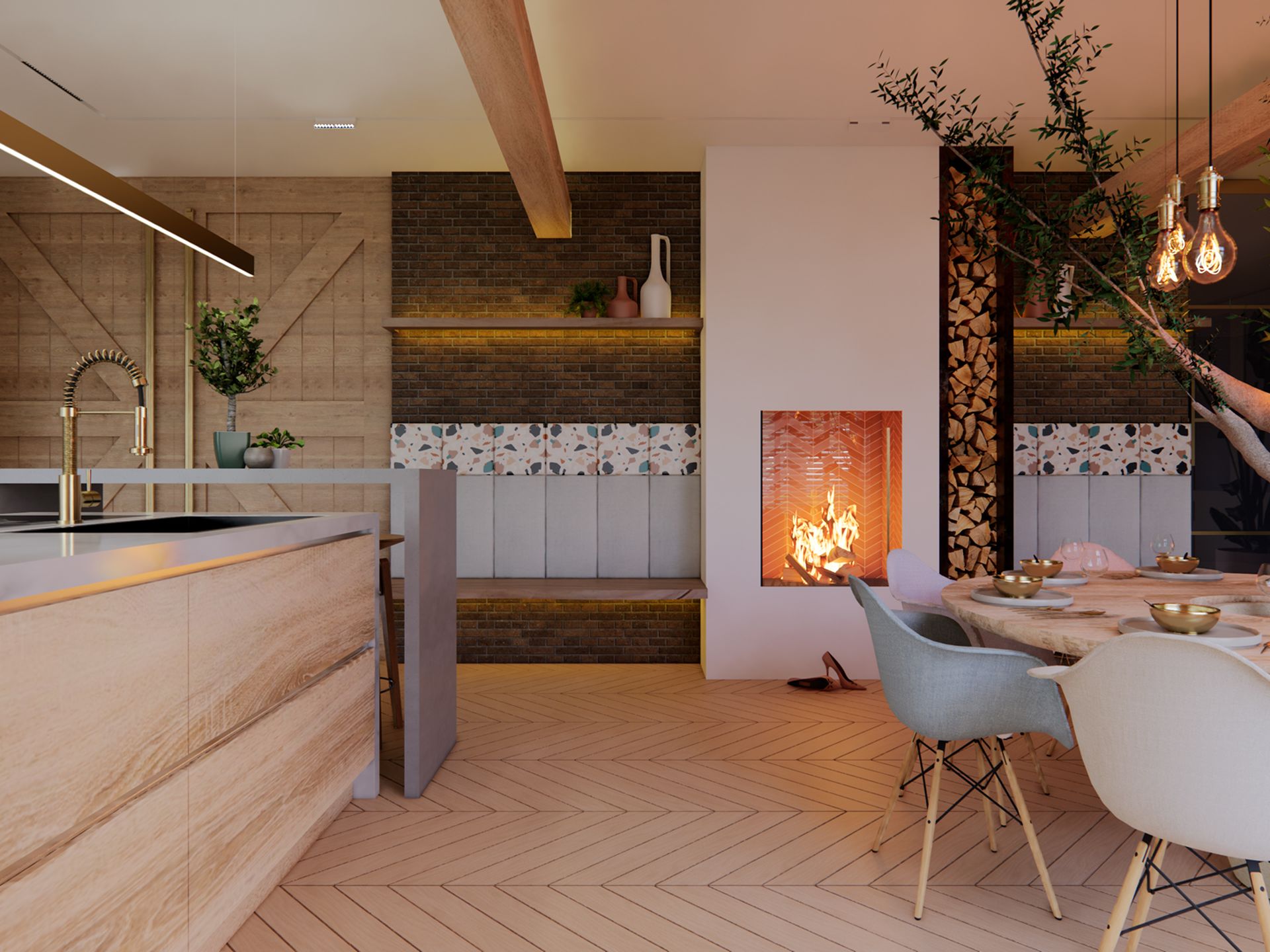 Ruimtelijk interieurontwerp met zicht vanuit de keuken op de open haard, ingebouwde zitbanken en de grote eettafel.