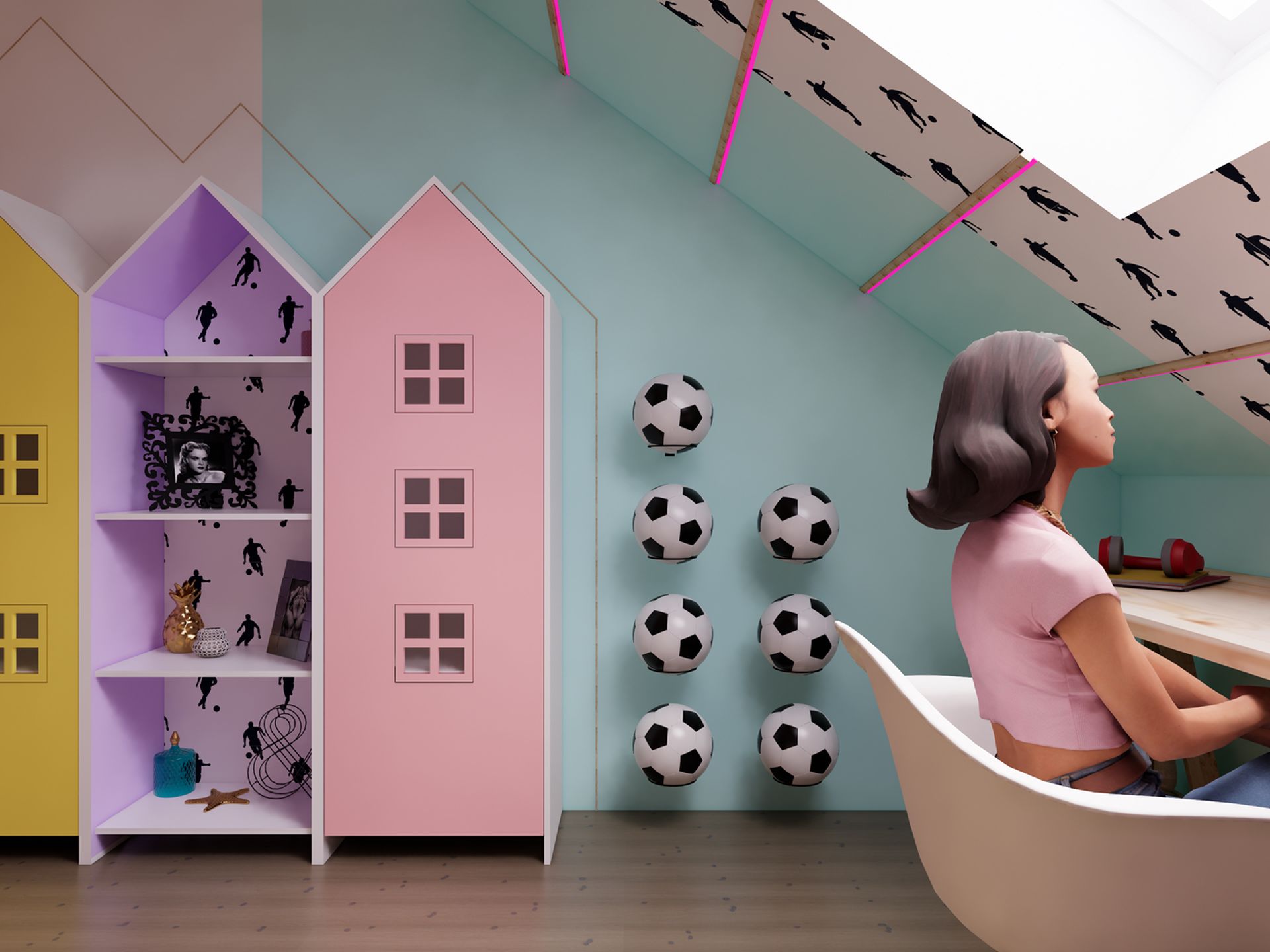 Zijaanzicht van de studieplek met huisvormige opbergkasten en voetbaldecoratie in een tienerkamer op zolder.