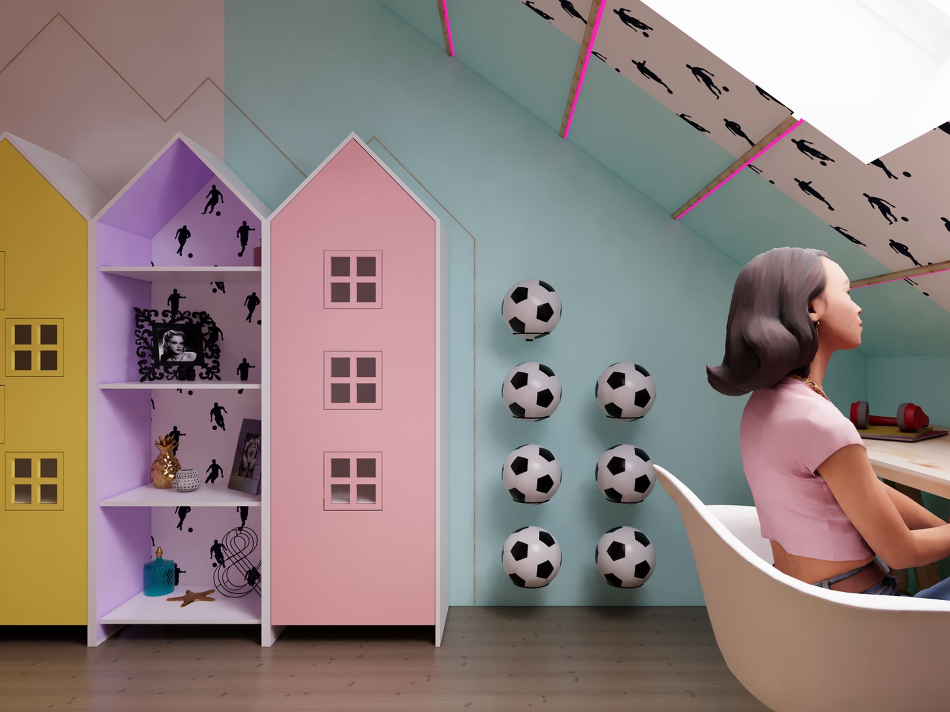 3D-visualisatie van de studiehoek in de Feyenoord-tienerkamer in Zuidland met bureau onder het schuine dak, speelse huisvormige kasten, voetbaldecoratie en kleurrijke wandvlakken.