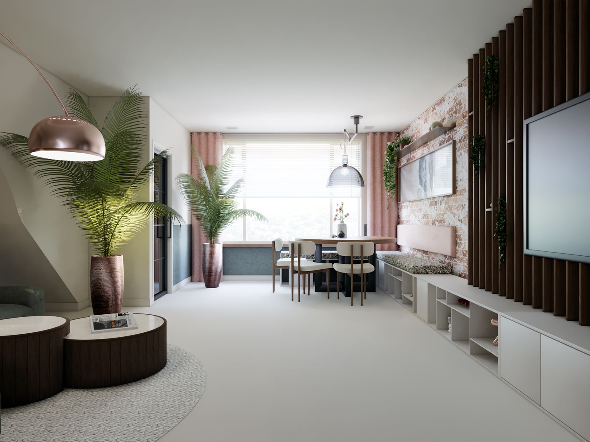 Interieurontwerp van een dorpswoning in Dinteloord met groene zithoek, ronde salontafels, eethoek en maatwerkwand van STOERR.