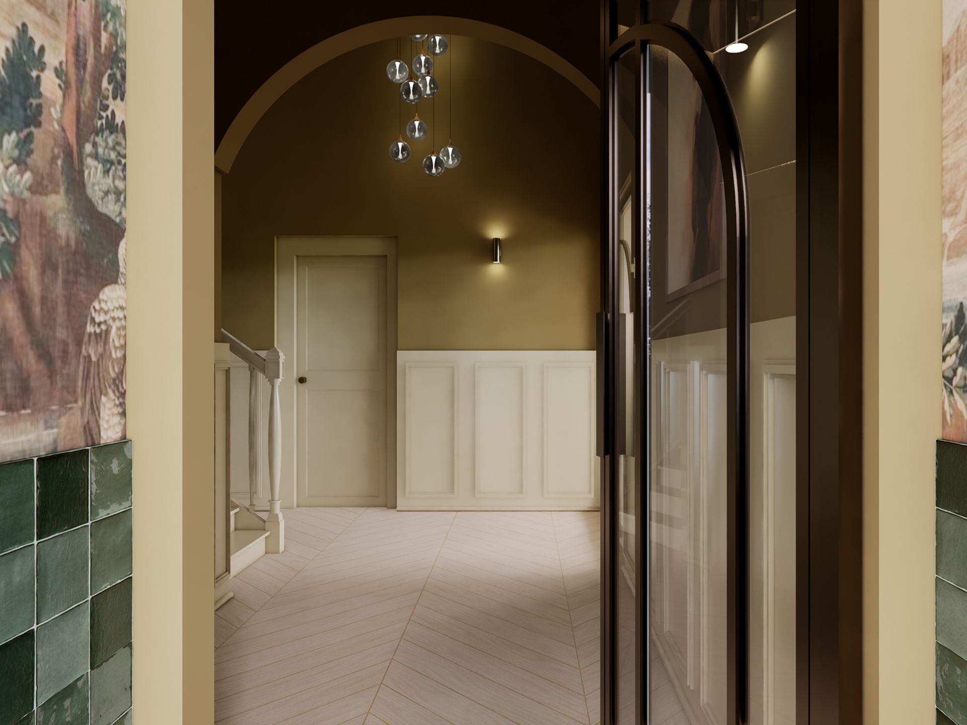 3D-visualisatie van de hal in Villa Rotterdam met boogvormige glazen deur, groene wandtegels, decoratief behang en klassieke lambrisering.