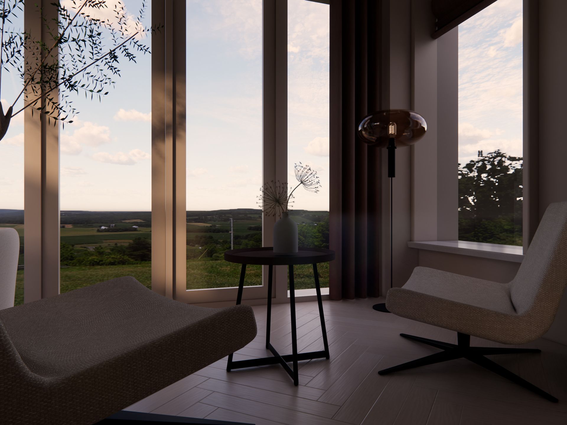 Serre met loungefauteuils, bijzettafel, vloerlamp en uitzicht over het landschap aan de dijk.
