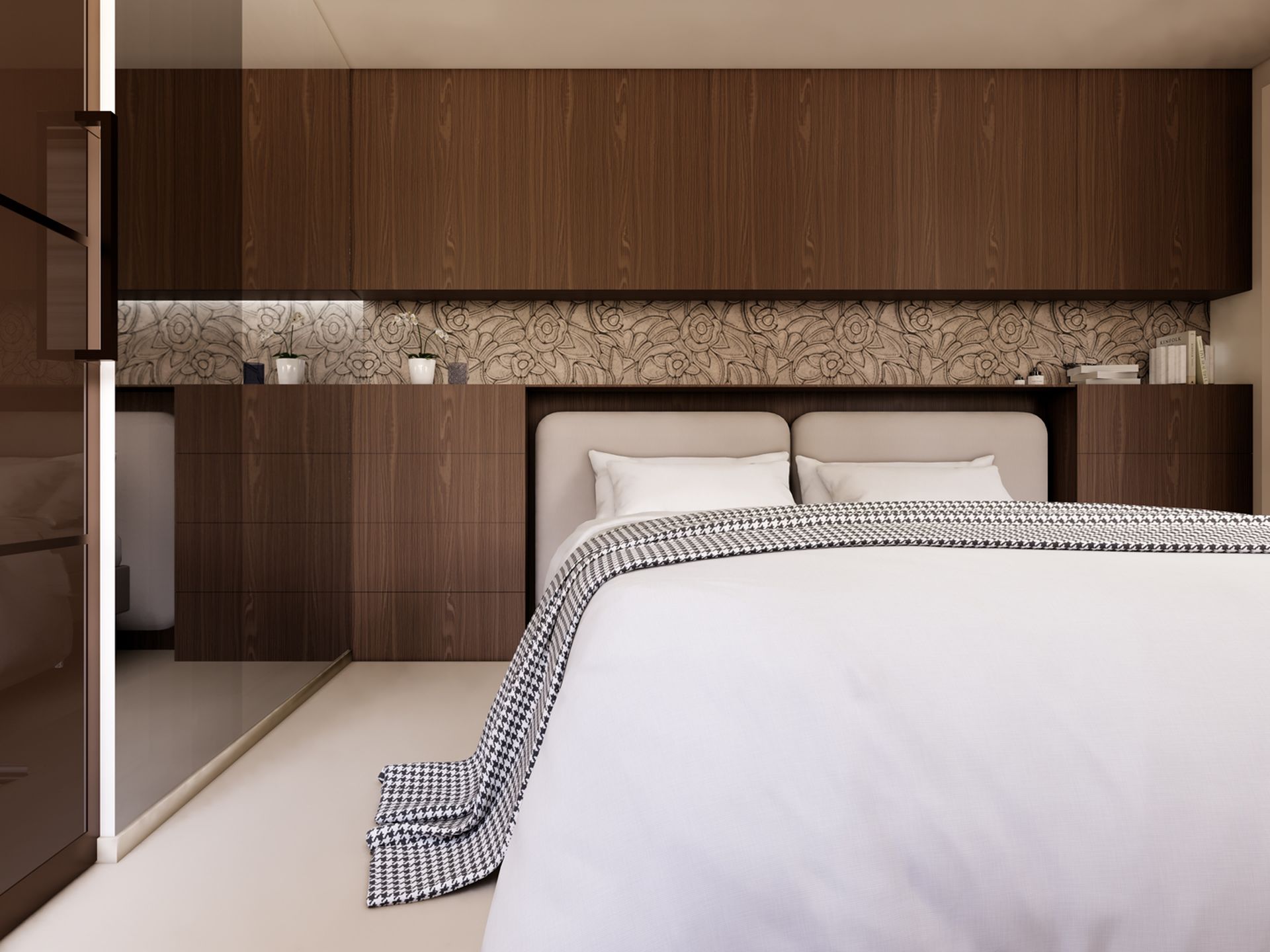 Slaapkamer met gestoffeerd bed, donkere houten maatwerkkasten en een doorlopende decoratieve wandstrook.