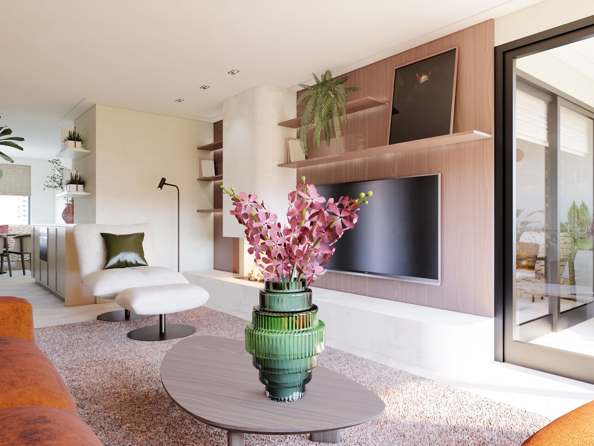 Interieurvisualisatie van de woonkamer met maatwerk tv-wand, salontafel, groene vaas en lichte verbinding naar de loggia.