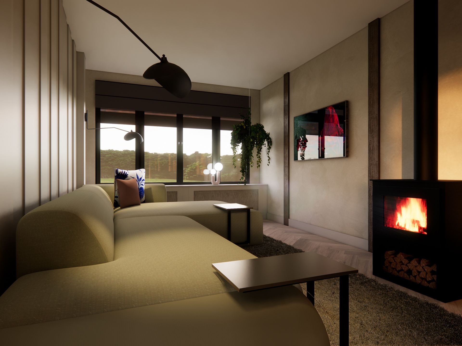 3D visualisatie van de living met lichte bank, haard, wandkunst, hangplant en warme natuurlijke materialen.