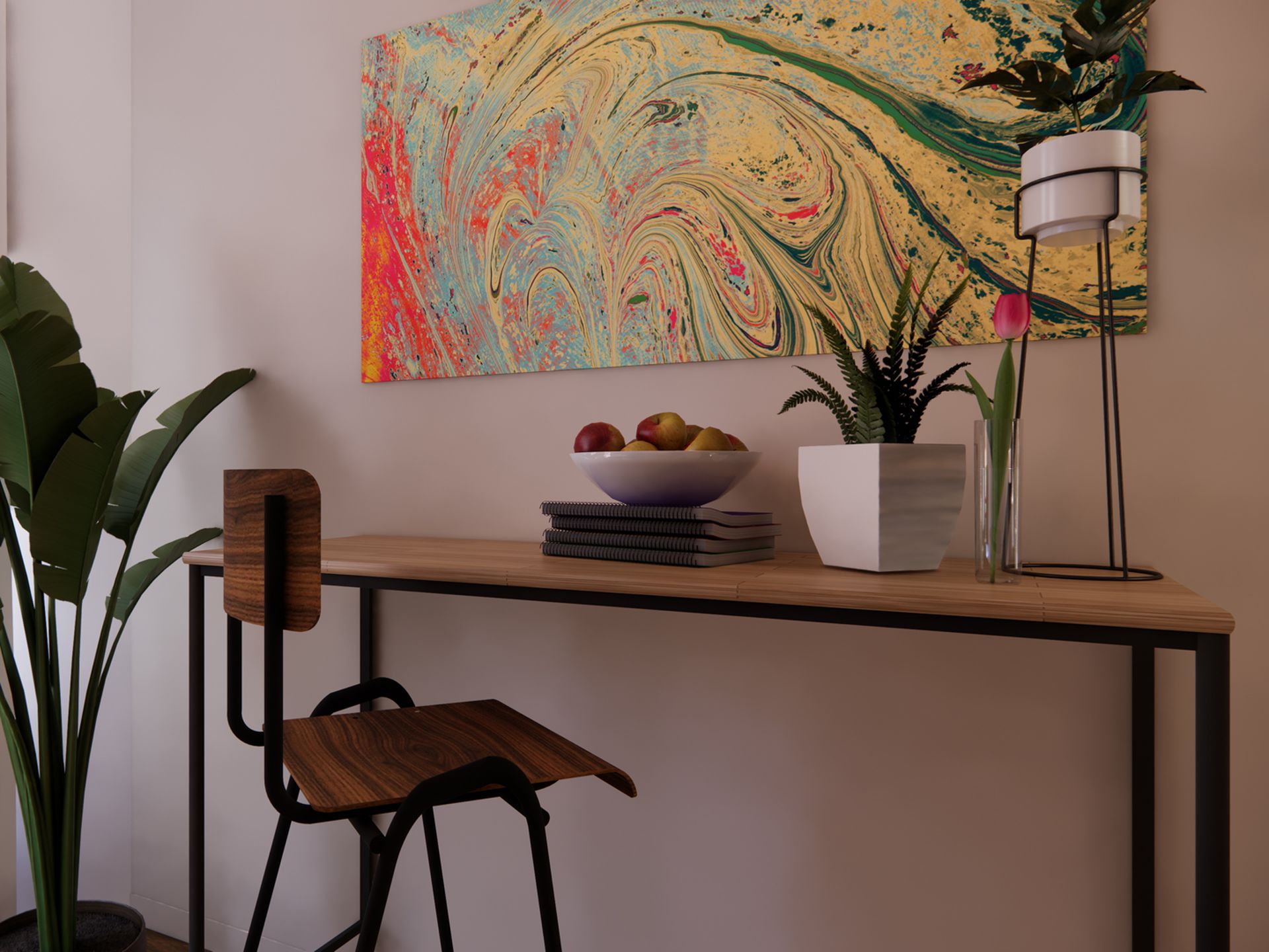 Detail van de tafelstyling met houten stoel, fruit, boeken, plant, bloem en kleurrijk kunstwerk aan de wand.