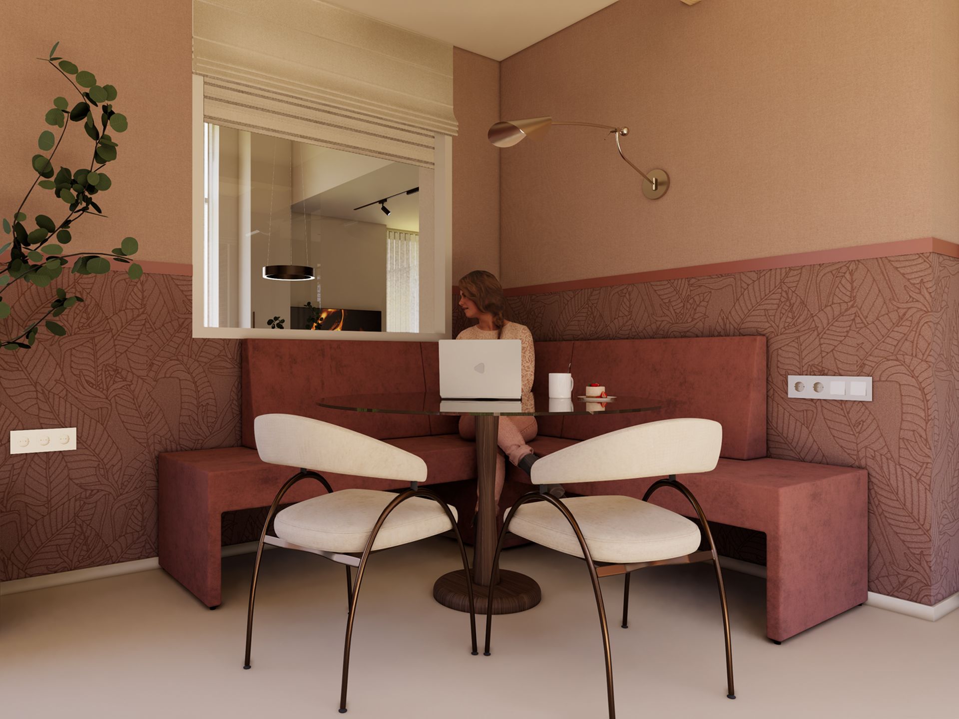 Vaste eet- en werkplek met roze hoekbank, donkere tafel, lichte stoelen en een persoon achter een laptop.