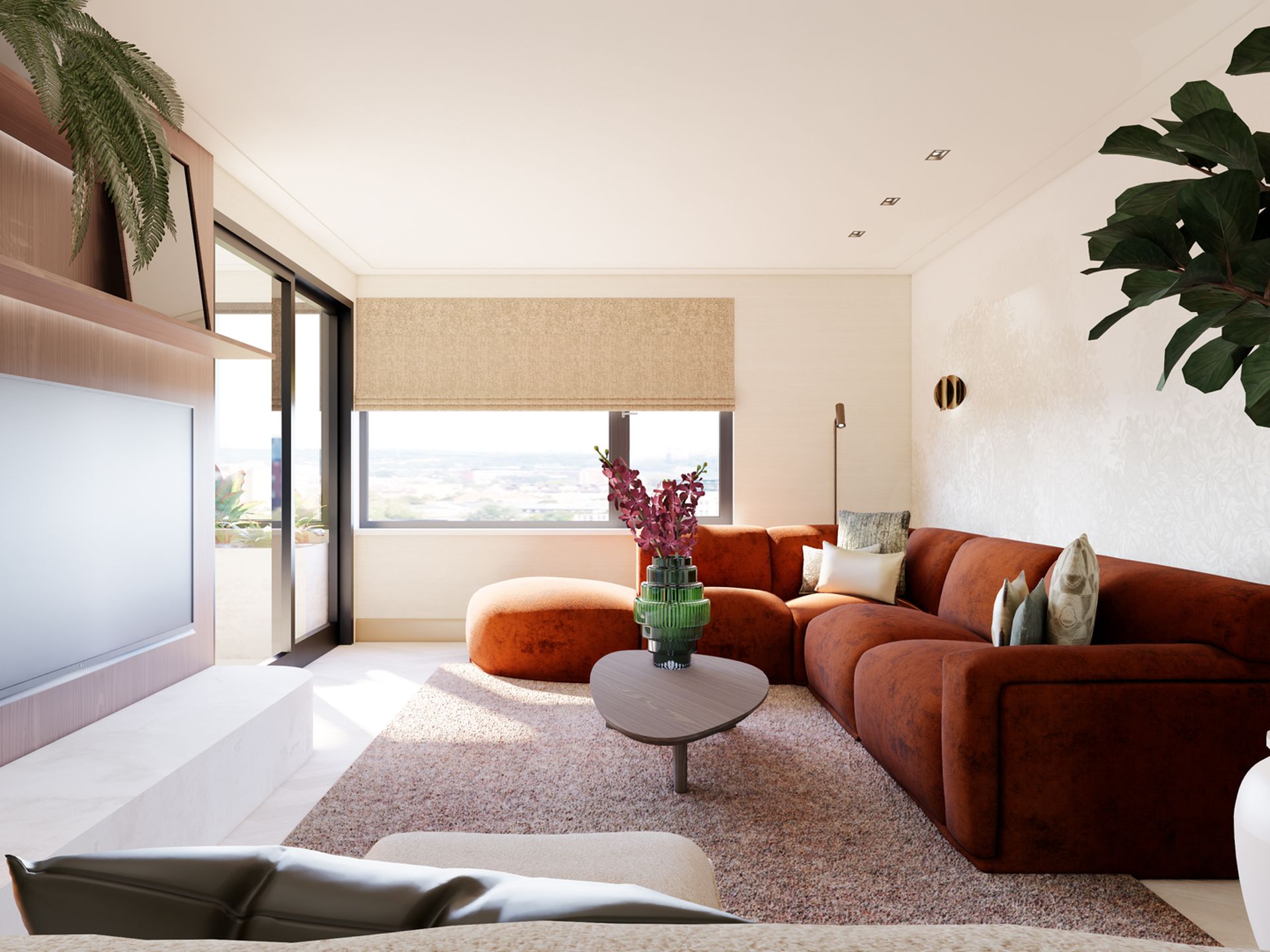 3D visualisatie van de woonkamer met cinewall, bio-ethanol haard, fauteuil, burnt orange bank en zicht op de loggia.