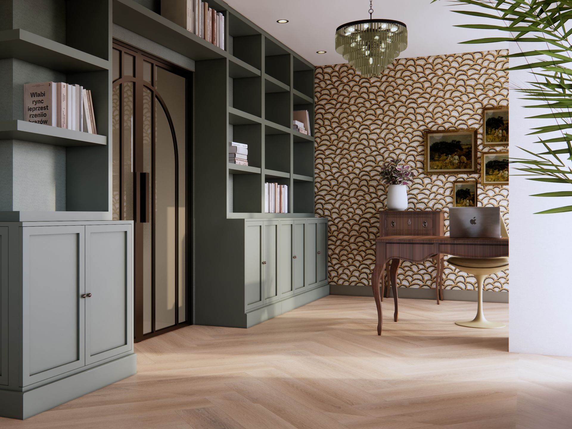 3D visualisatie van de werkkamer met groene kastenwand, patroonbehang, houten bureau en planten, ontworpen door Studio Nathalie Samson.
