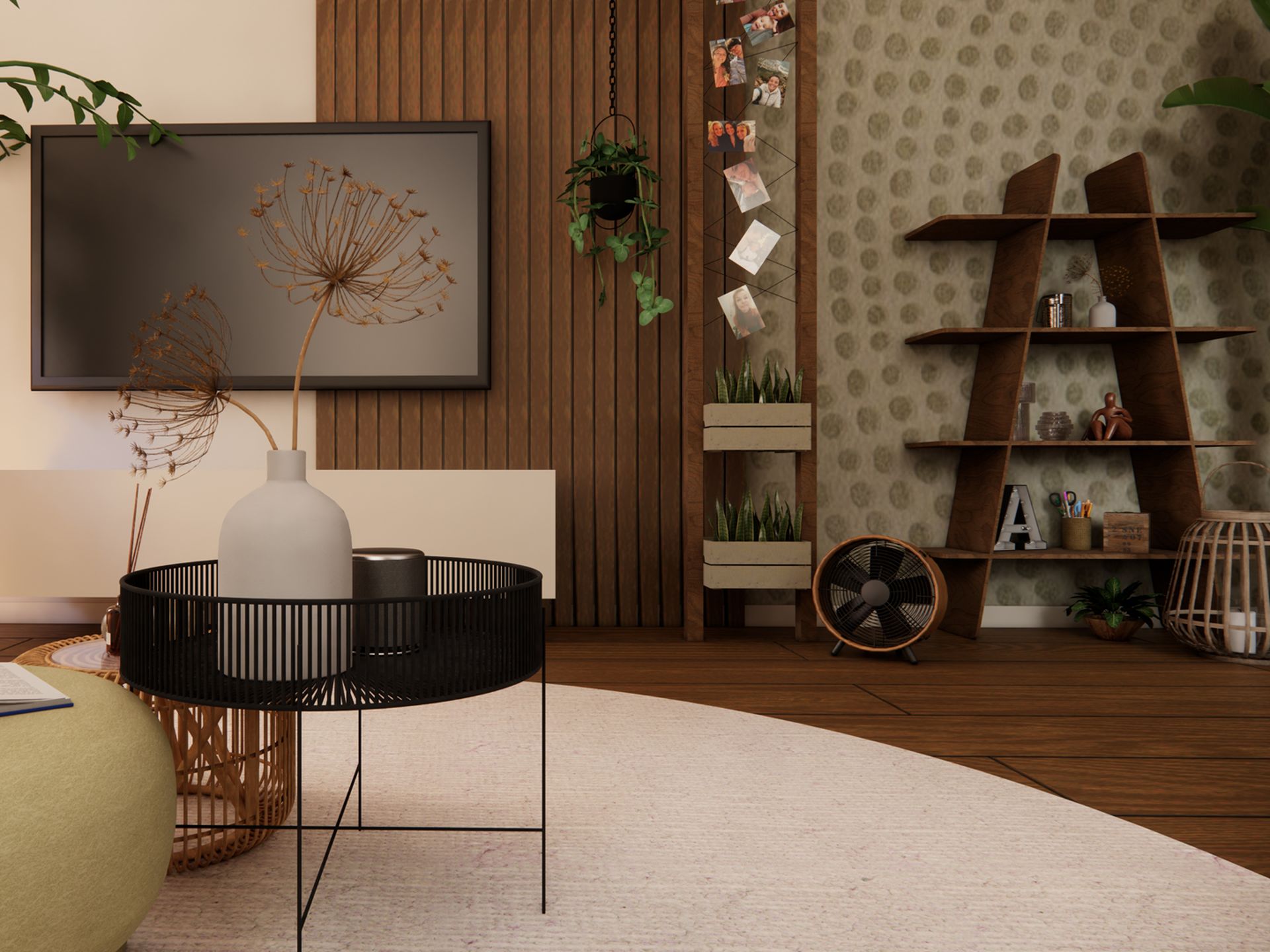 Woonkamer met zicht op de tv-wand, laag meubel, open wandrek, houten accenten, planten en rustige materiaalcombinatie.