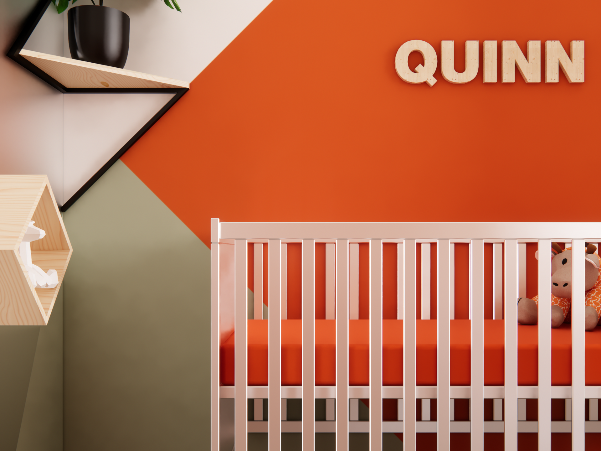 3D visualisatie van babykamer Quinn met ledikant, naamletters, wandplank en warme geometrische kleurvlakken.