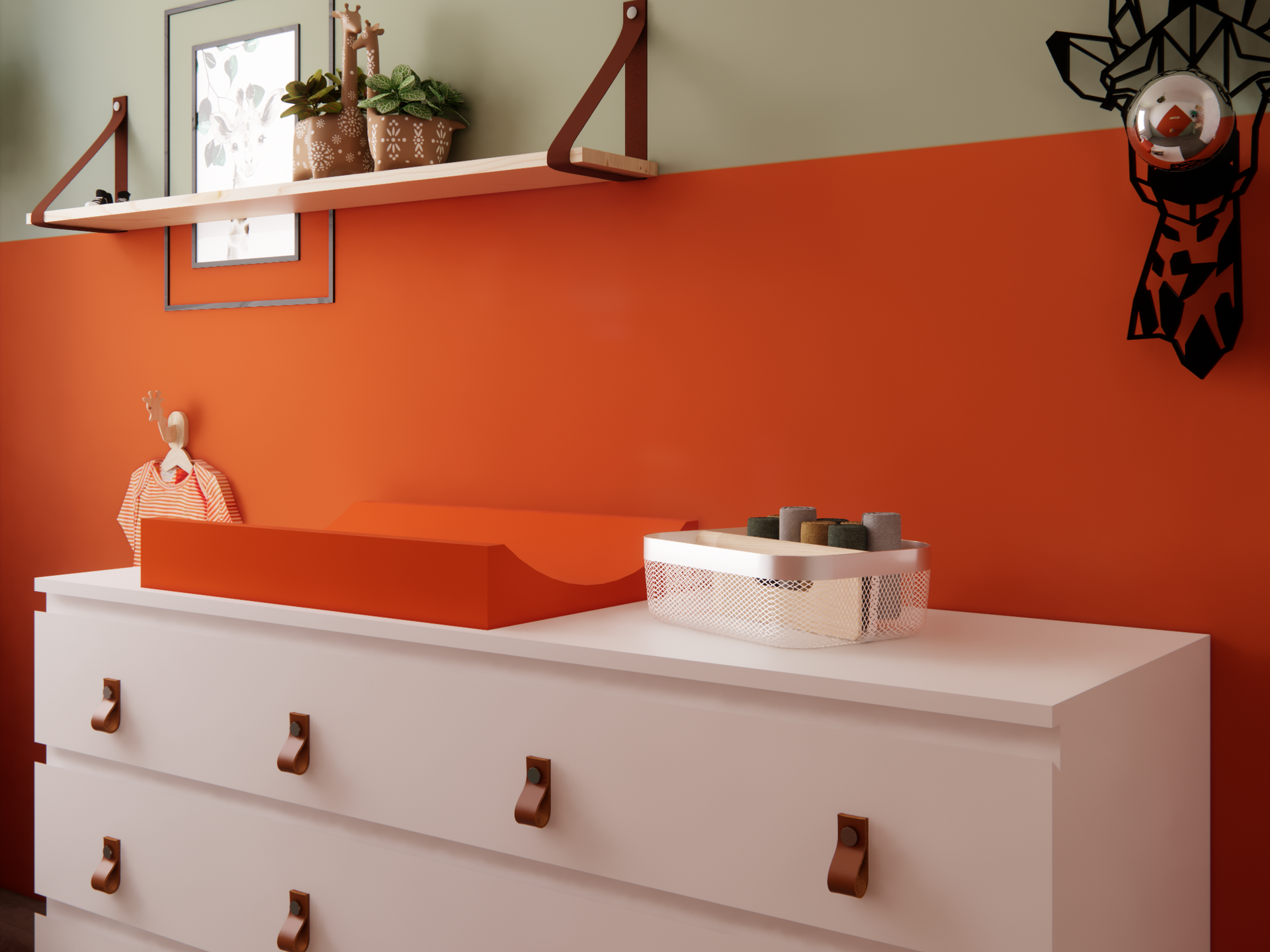3D visualisatie van de commodewand met giraffelamp, wandplank, accessoires en roestbruine tinten.
