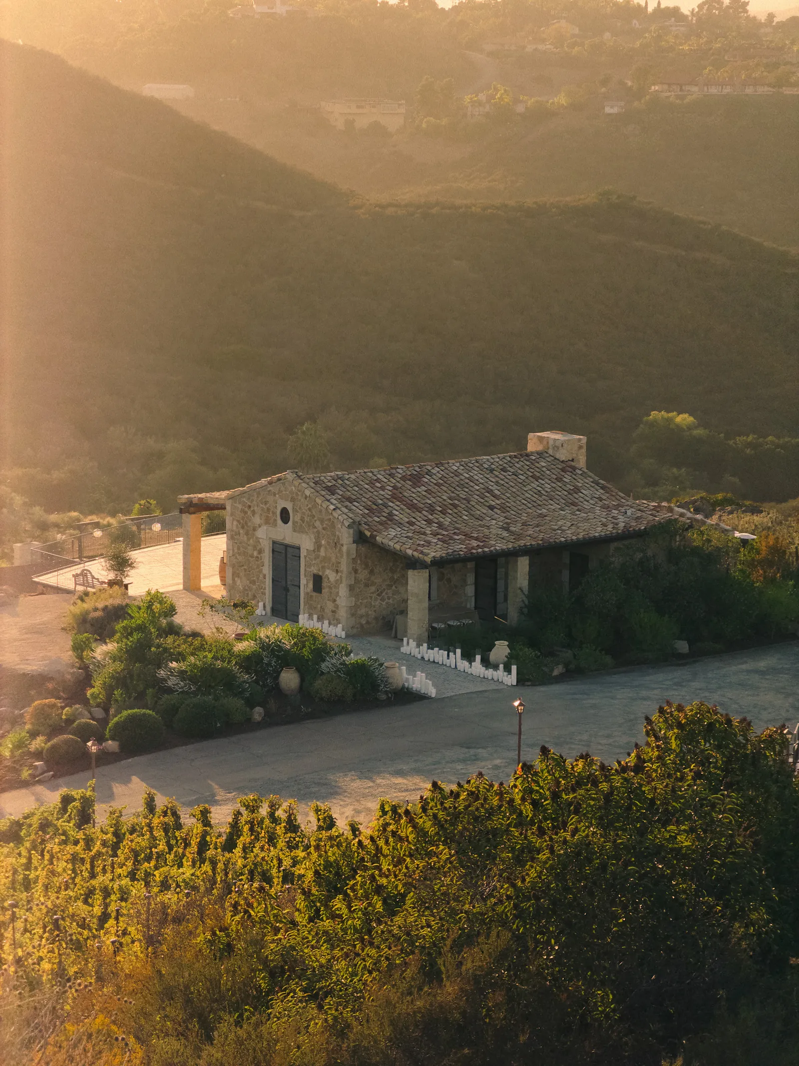 The Parish House at Château Cal-a-Vie Winery in the last light of the afternoon