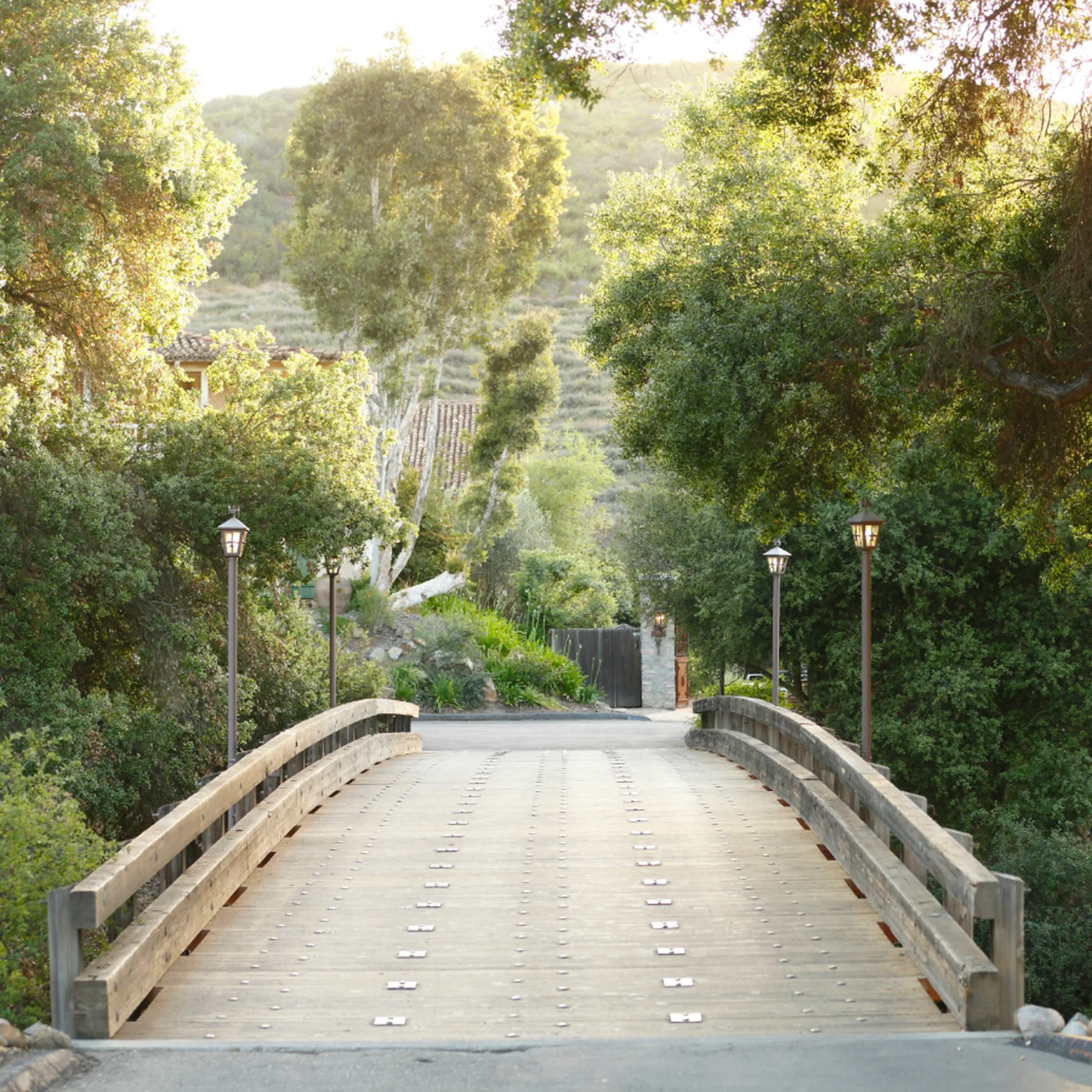 A stone bridge over a stream with trees and a French-style estate in the background