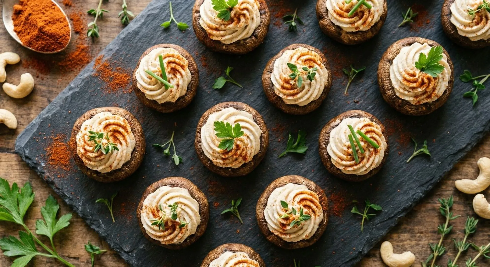 Cashew-cream stuffed cremini mushrooms dusted with smoked paprika on a slate board