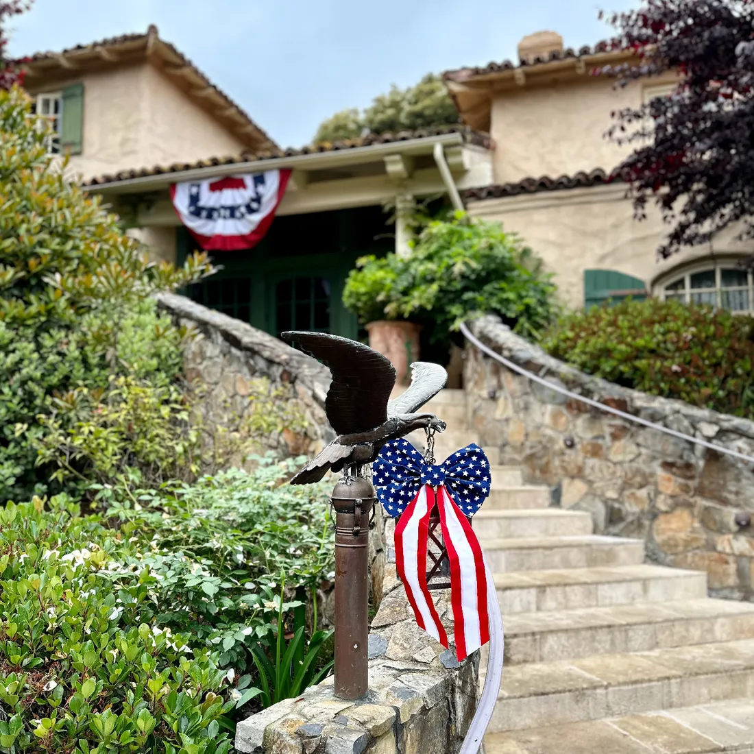 a house with a flag on the wall