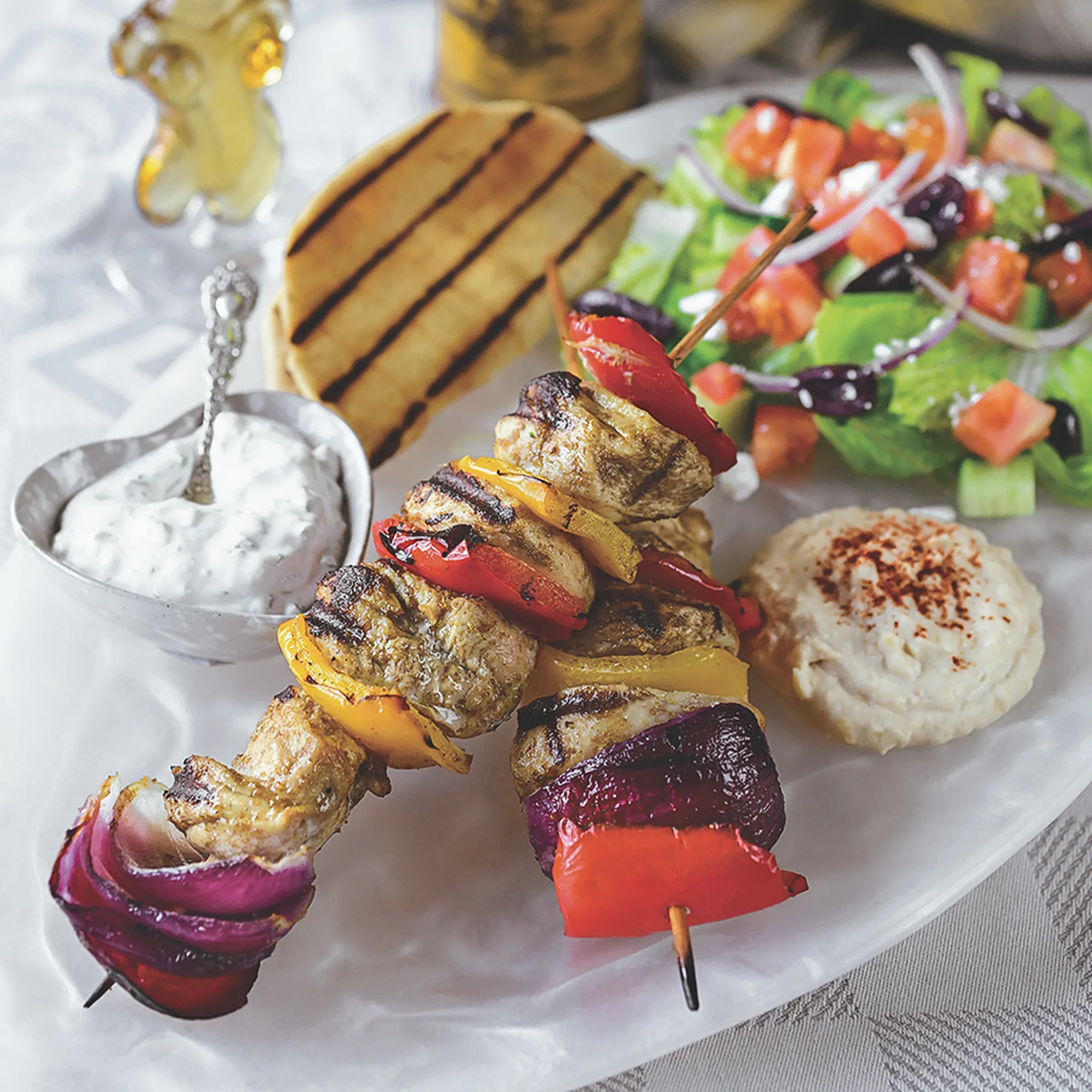 Grilled Greek Chicken Kebabs with Garlic Flatbread Recipe