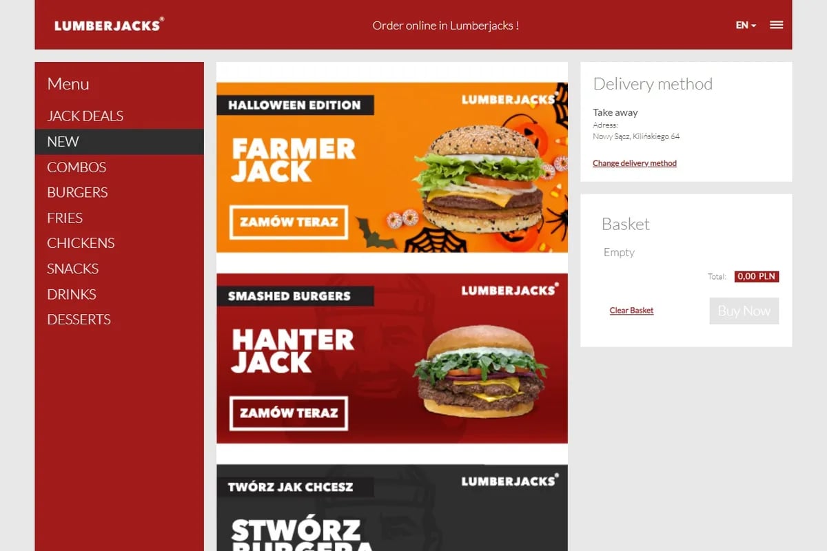 Lumberjacks web ordering page with the burger menu